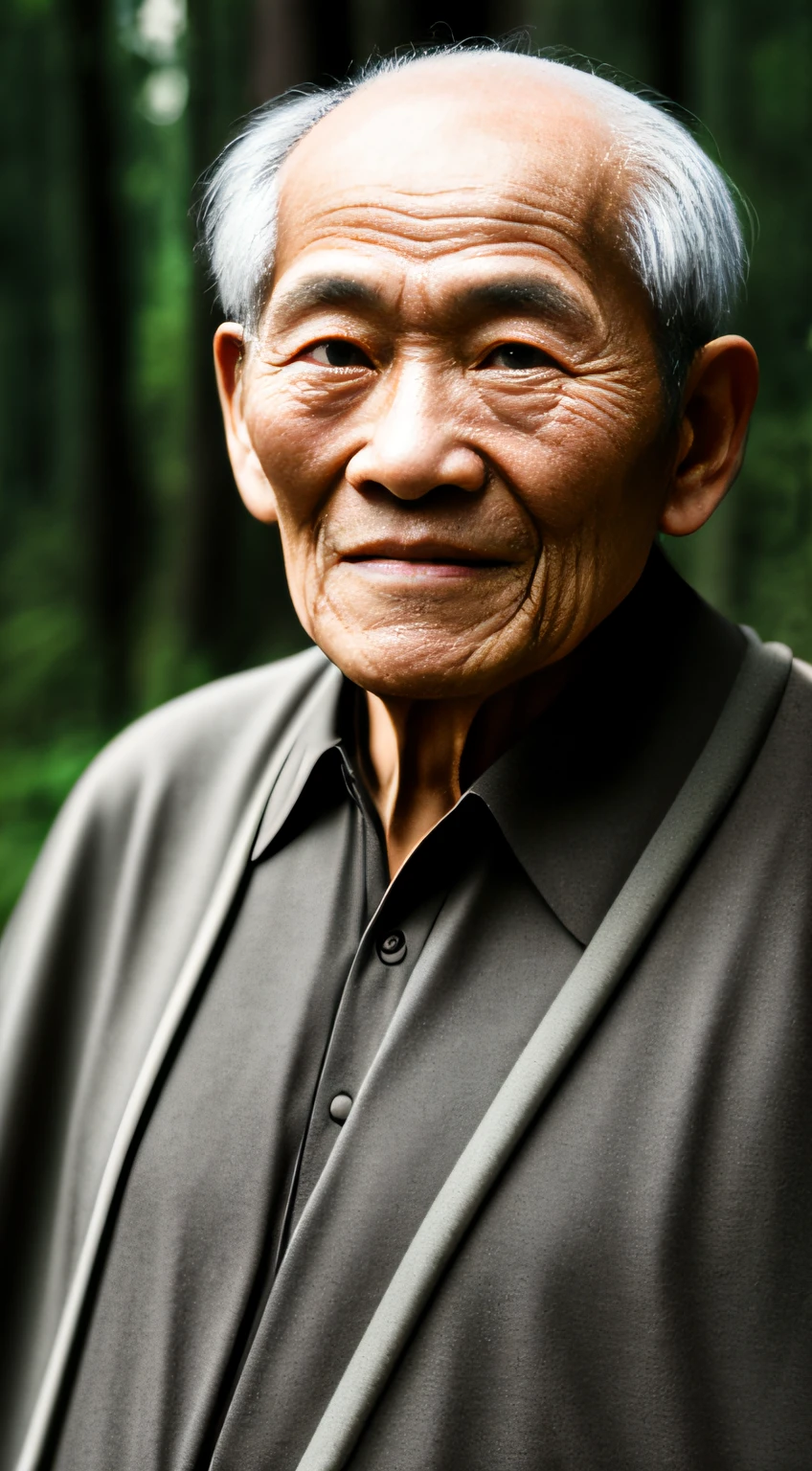 Portrait photography style,A masterpiece of the world,Ultra-unique, highly professional digital art,Film format,Hyper-realistic,Color motion picture film photography with ultra-fine detail and quality,The background is deep in the forest,An elderly man in rural China,Wise old man。He wears an old cape,The eyes are kind and shrewd。His skin had been blackened and powerful by the sun and rain,Wrinkles are fixed on the corners of the mouth and forehead,It seems that his years have precipitated。Wearing a dark gown, although the appearance is simple,But it exudes sublime wisdom and a sense of tenacity of strength。