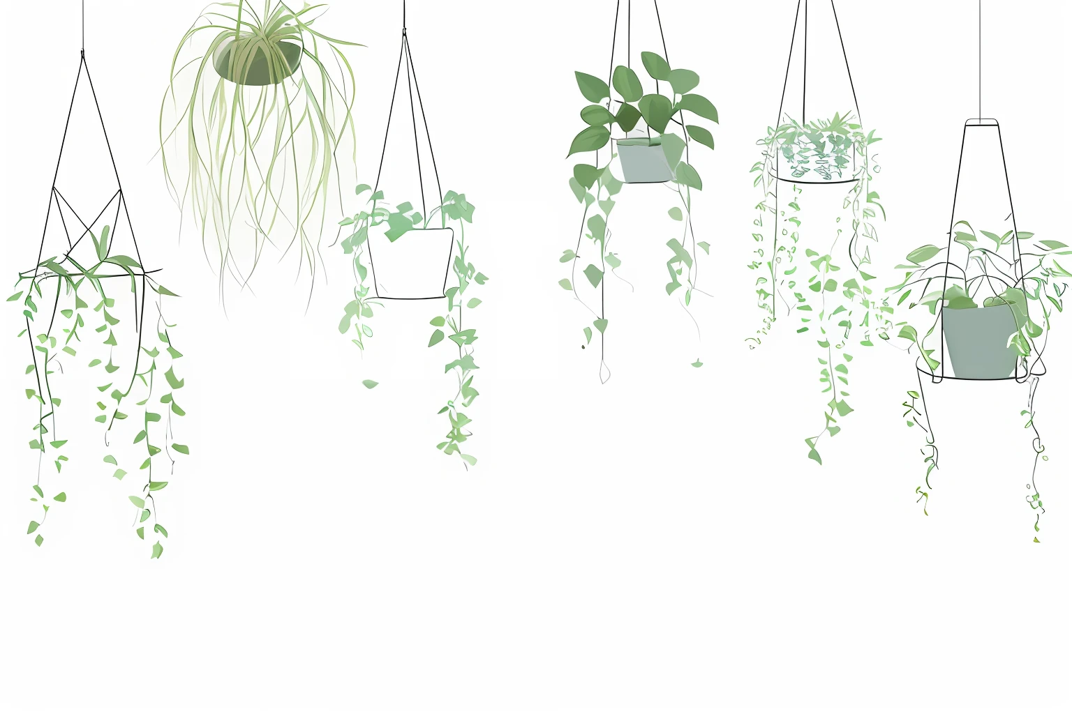 Many different types of plants hang from the ceiling, Hanging plants, hanging vines, some plants, plants allover, houseplant, pots with plants, Herbal hanging, Plants in pots, House plants, lush gardens hanging, A plant, verdant plants, plants growing, small plants, some plant life, plants on pots and on the walls, Many plants, Green plants