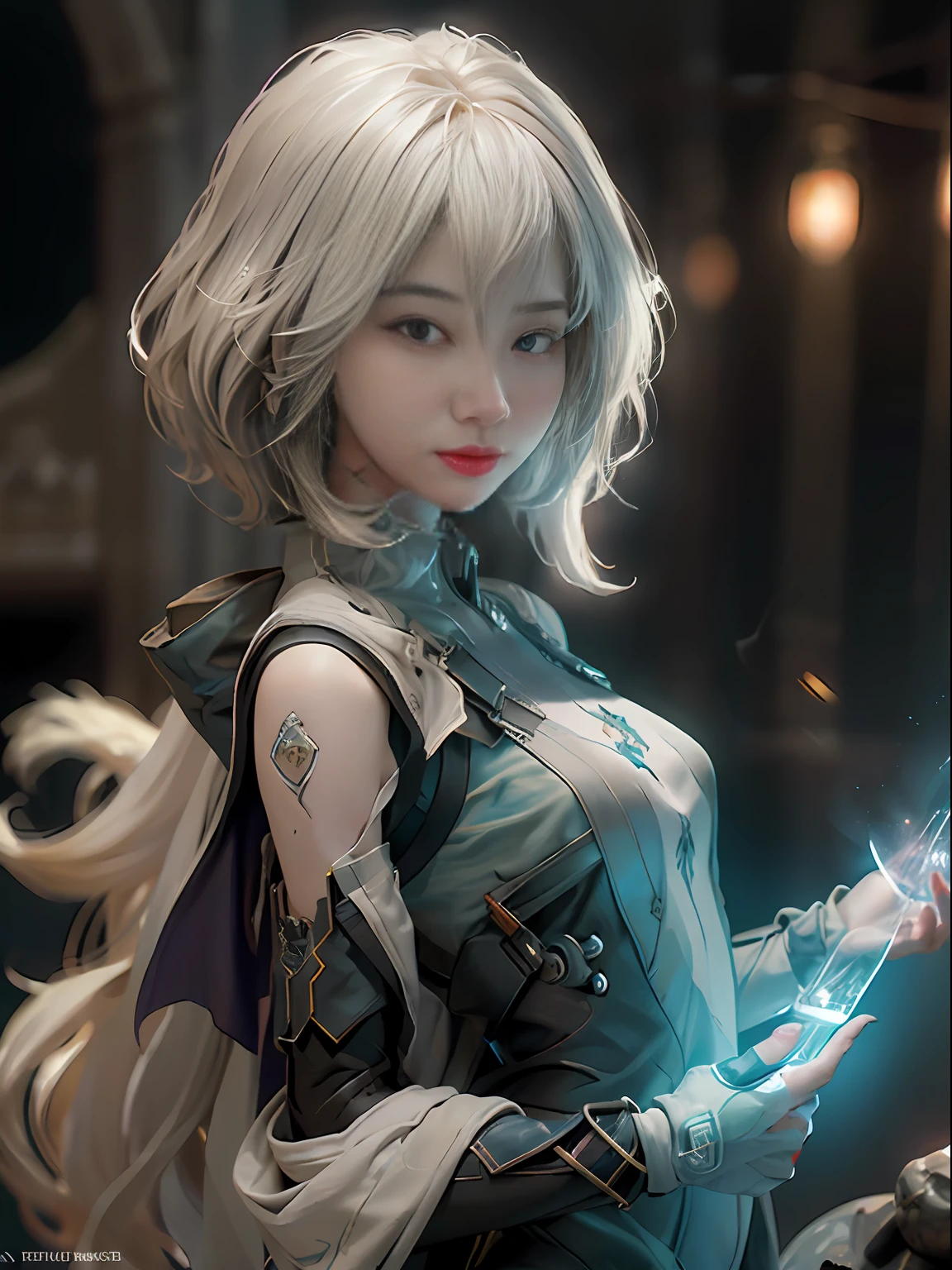 ((Best Quality)), ((Masterpiece)), (Details: 1.4), 3D, Bust, Portrait of a Young Girl, ((Facing Square)), (Body Facing the Viewer), (A Beautiful Petite and Slender Young Girl Image), ((Small Breast, Small Head)), ((Bust Photo)), (Upper Body), (slender perfect body: 1.2), (perfect face), (young face), (perfect eyes), (perfect hands), (perfect fingers), (neck-length short hair: 1.5), (concise tight one-piece combat suit: 1.3), golden hair, collar, (gloves: 1.2), (guns), chains, in the distant future, the line between science fiction and fantasy has disappeared, and the world is an awesome tapestry of wonder. Enter a universe where magic and technology coexist in harmony and shape the fate of civilization in the vast expanse of space. At the heart of this field is celestial relations, an interstellar center of mysterious energy and technological wonders. Here, arcane knowledge is intertwined with cutting-edge science, giving birth to a society where spaceships are filled with the power of ancient spells, while occult art enhances technology. As a young explorer, embark on a grand adventure destined to unlock the secrets of the celestial bond. As you travel through the uncharted realms of the universe, encounter various civilizations full of creatures with extraordinary abilities. From the ethereal spire of the elves, where the art of traveling across dimensions is perfected, to the cybernetic enclave of the Android Group, witness the tapestry of life where magic and technology intertwine. Unleash your latent power as you adapt to the energy flowing through the Nexus. Take advantage of the ancient spells of forgotten witchcraft to propel your starship through the vast universe. Engage in epic battles against Cosmic Abomination and Intergalactic Tyrants, wielding enchanted weapons infused with future enhancements. Uncover the origins of this harmonious blend of magic and technology as you delve into the mysterious realm of celestial relationships. Discover ancient prophe