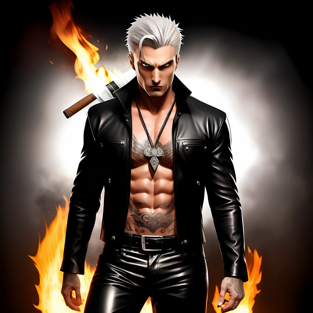A man with gray hair and pale skin. l vampire. His name is Victor. red-eyes. Fire in the eyes of a cruel hero with a katana sword. pale skin. He wears a red shirt with a plunging neckline and black leather pants. On the chest is a pendant with a ruby. There are tattoos on the body. The arrogant look of a killer. Nuclear explosion. Courage Challenge Power Danger Fire Dragon Moonrise Myth Hero Victor. A cigar in your mouth smokes. fangs. Sexy macho.