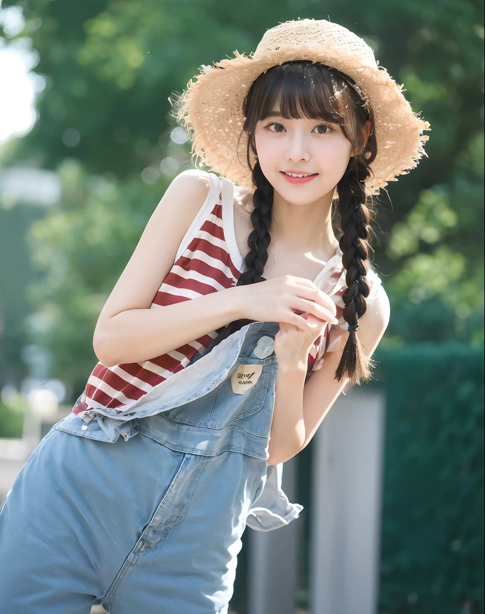 (Masterpiece)), (Best Quality), (detailed), 1 girl, 18 years old, playful expression, medium breasts, long hair, beautiful, natural, not exposed, alafi woman with baseball bat in straw hat and overalls, straw hat, a cute young woman, anime girl in real life, young cute girl in straw hat, Chinese girl, straw hat and overalls, attractive girl, cute thin face for girl, cute young woman, cute - fine face, Cute young girl