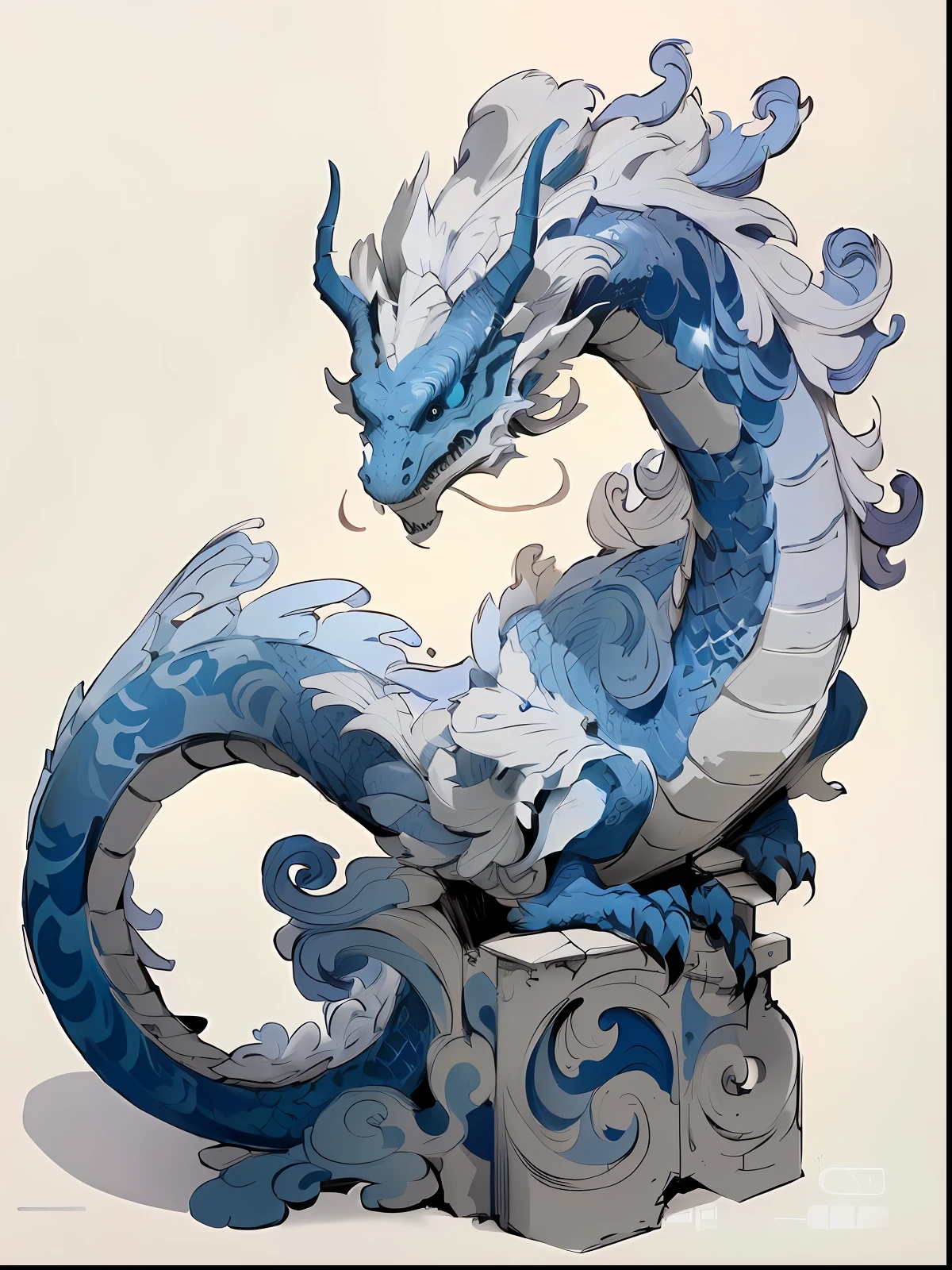 There is a dragon statue made of paper,It has a blue and white pattern on it, water dragon, Blue dragon, Dragon Art, chinese dragon concept art, cyan chinese dragon fantasy, blue scaly dragon, inspired by Kameda Bōsai, smooth chinese dragon, inspired by Kanō Naizen, detailed dragon, highly detailed and colored, majestic japanese dragon, long dragon, detailed creature