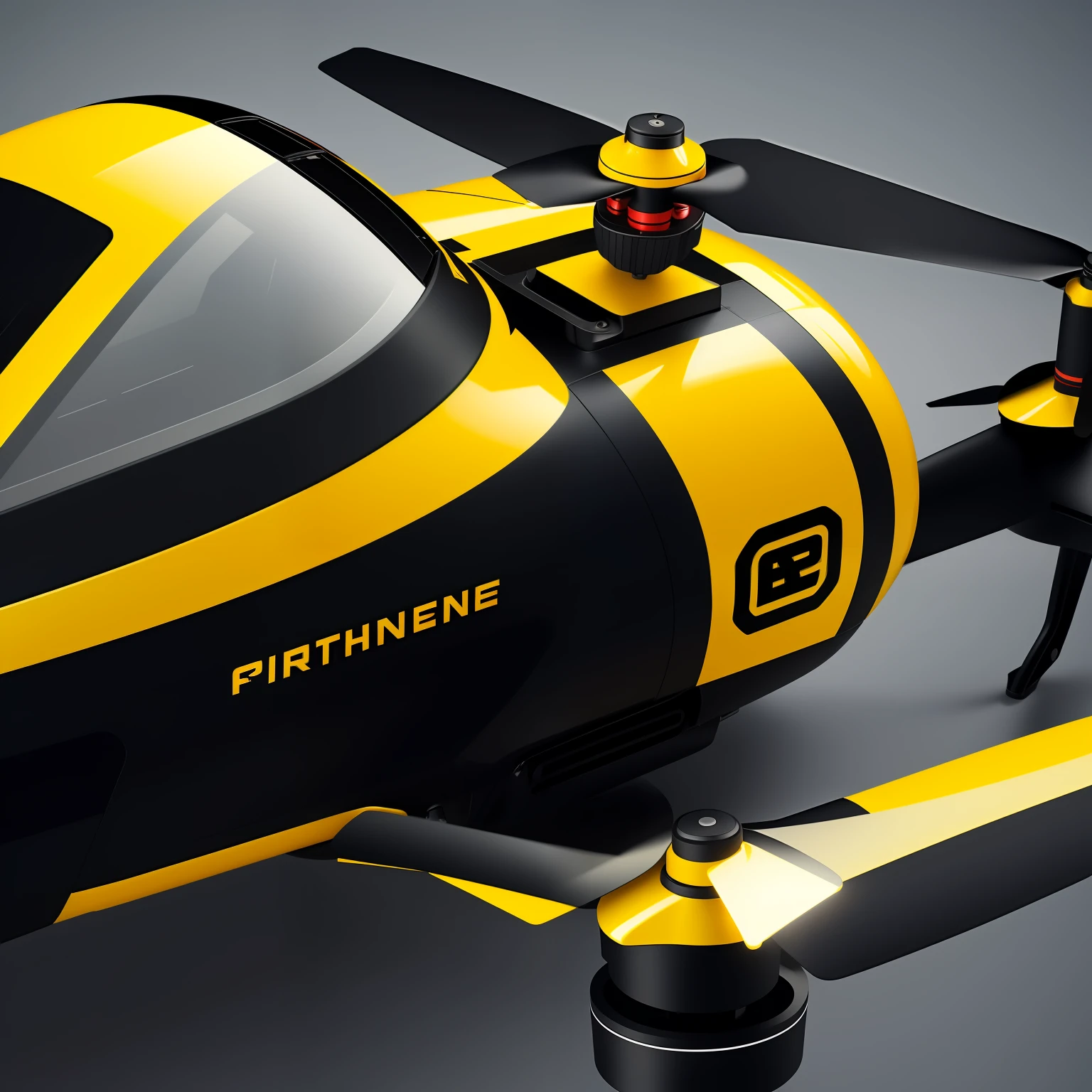 Close-up of a small black and yellow drone with a propeller, black and yellow and red scheme, FPV, F32, F 3 2, Drone track, dji top down view, it has six thrusters in the back, f 1 8, F18, a wide full shot, UAVs, UAVs, full frontal shot, flight, cinematic lighting, viewfinder, Northern Renaissance, drop shadow, scanlines --auto