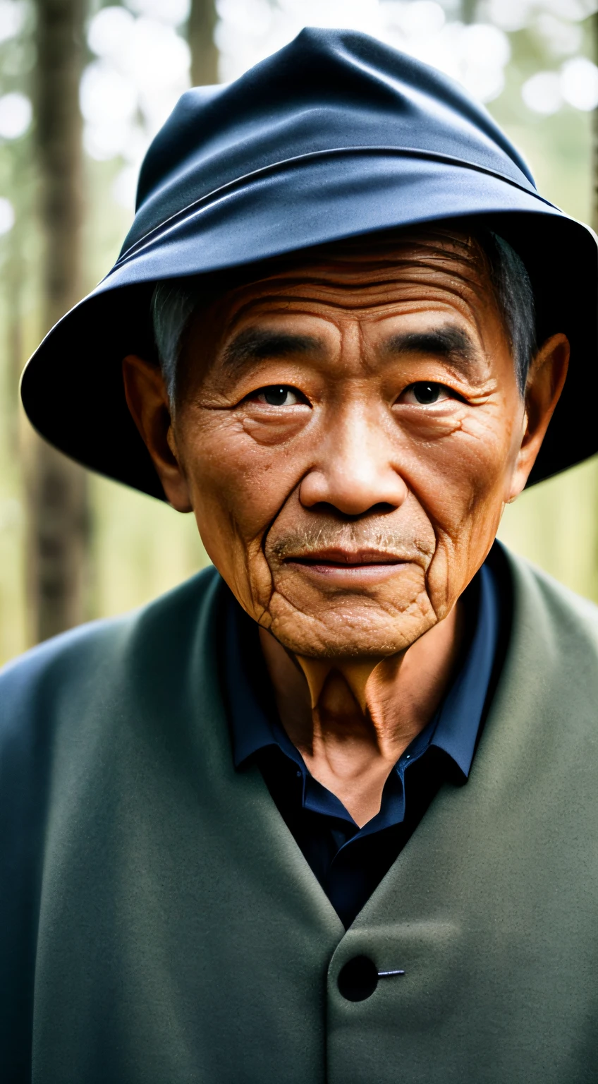 Portrait photography style，A masterpiece of the world，Ultra-unique, highly professional digital art，Film format，Hyper-realistic，Color motion picture film photography with ultra-fine detail and quality，The background is deep in the forest，An elderly man in rural China，Wise old man。He wears an old cape，The eyes are kind and shrewd。His skin had been blackened and powerful by the sun and rain，Wrinkles are fixed on the corners of the mouth and forehead，It seems that his years have precipitated。Wearing a dark gown, although the appearance is simple，But it exudes sublime wisdom and a sense of tenacity of strength。