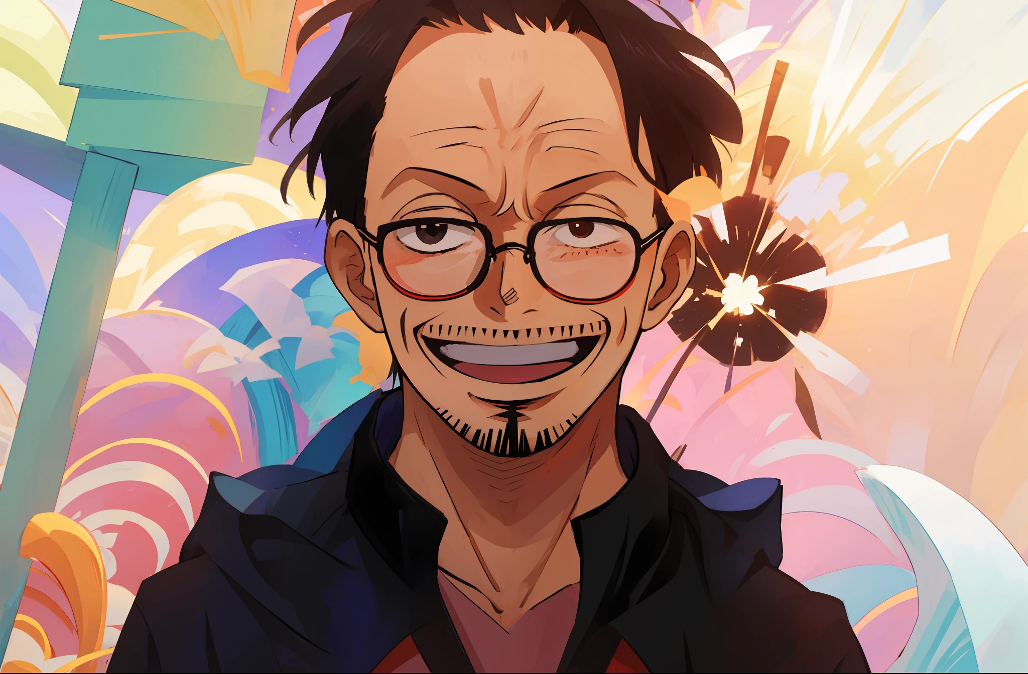 Top image quality、Middle-aged man、eye glasses、Laughing、Eiichiro Oda Kaze、Fireworks in the background