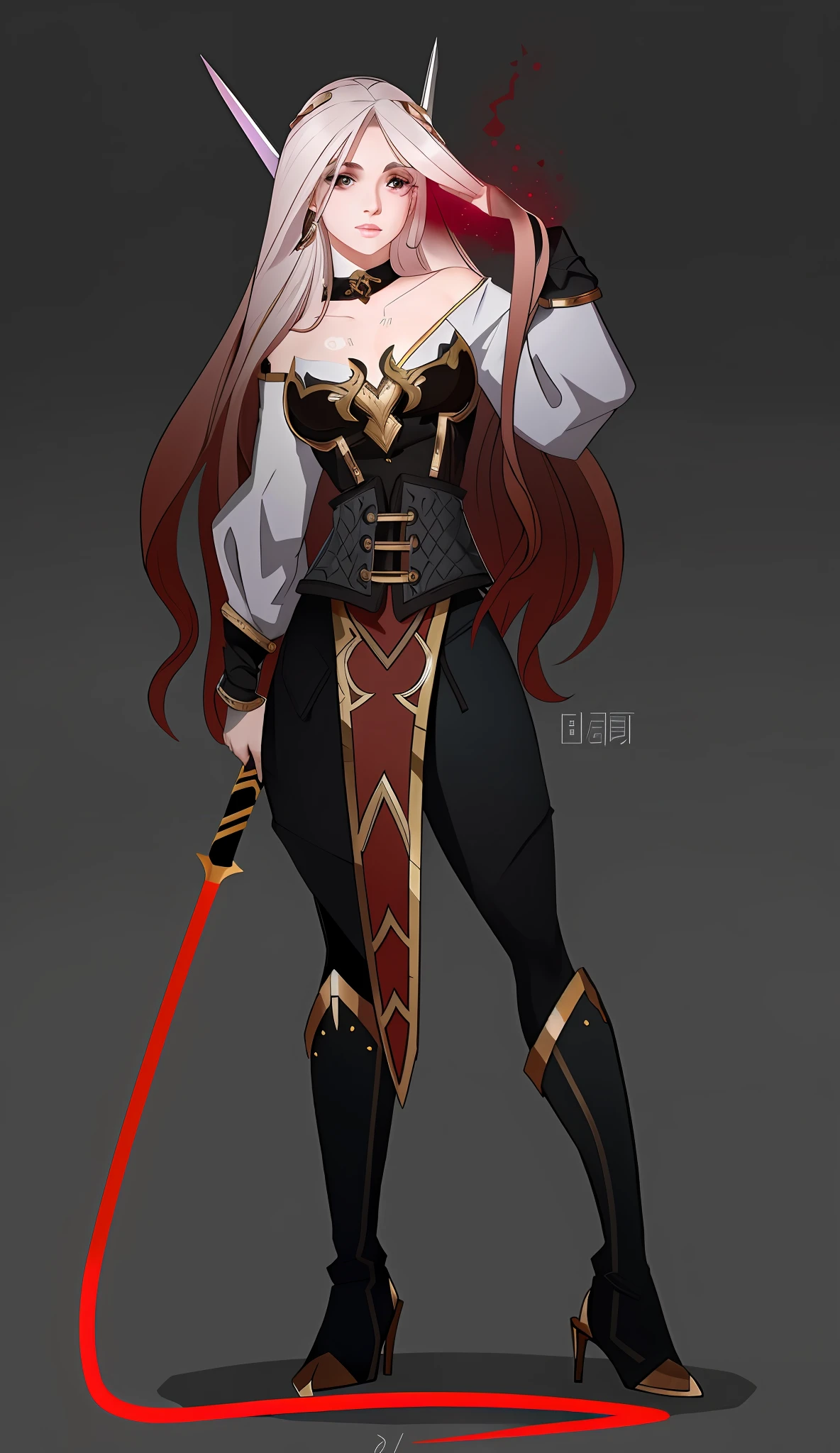uma imagem de desenho animado de uma mulher com uma espada e um espartilho, Cushart Krenz arte chave feminina, Cushart Krenz, she is holding a sword, female redhead templar, d&d character commission, Cushart Kenz, Commission for High Res, epic exquisite character art, ariana grande as a sith, full body commission for, valkyrie style character