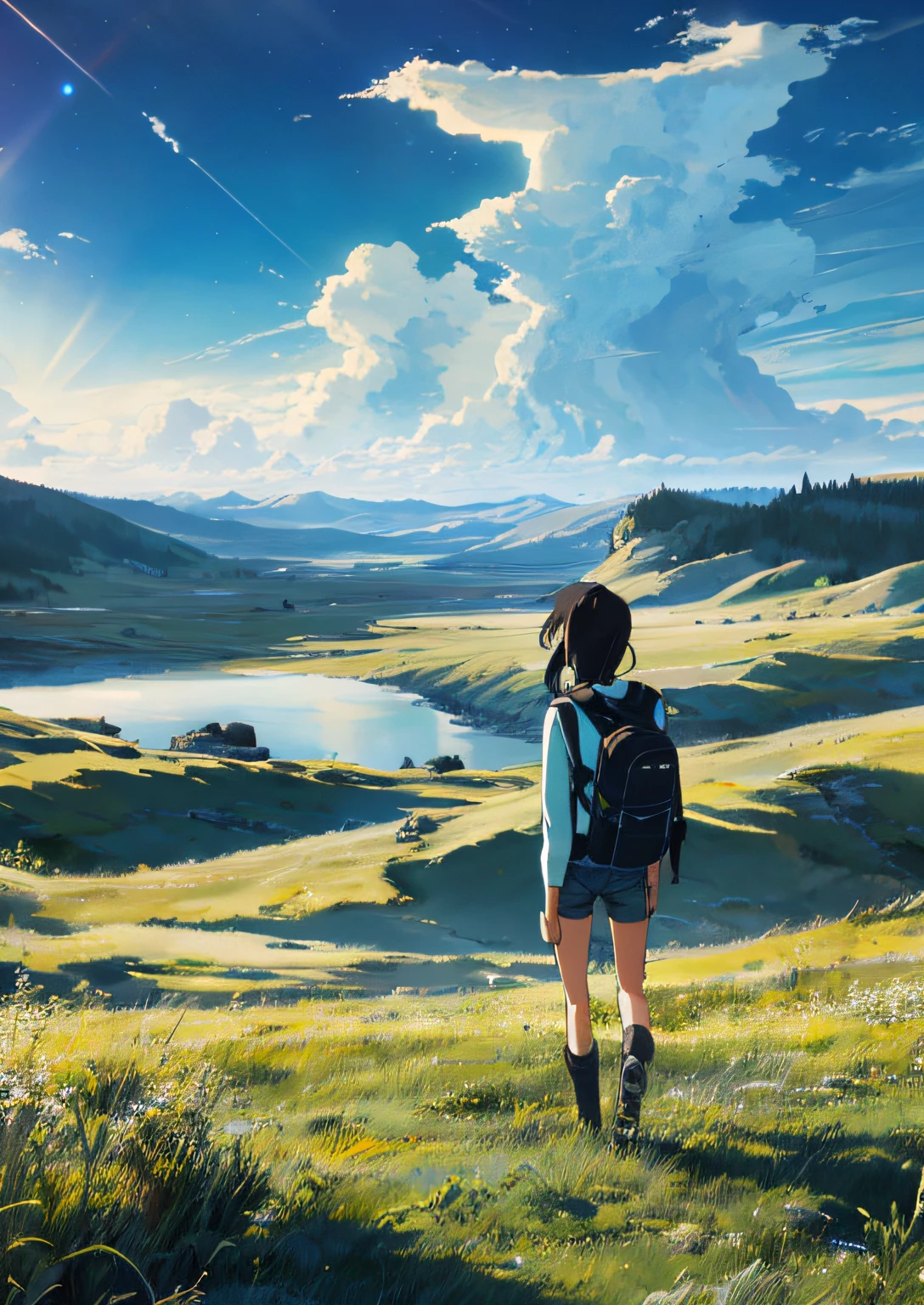 The vast sky, beautiful skyline, large grasslands, extremely tense and dramatic pictures, moving visual effects, the high-hanging Polaris, and colorful natural light. Long-sleeved tops, denim shorts, back and side backpack girls, in Siberia