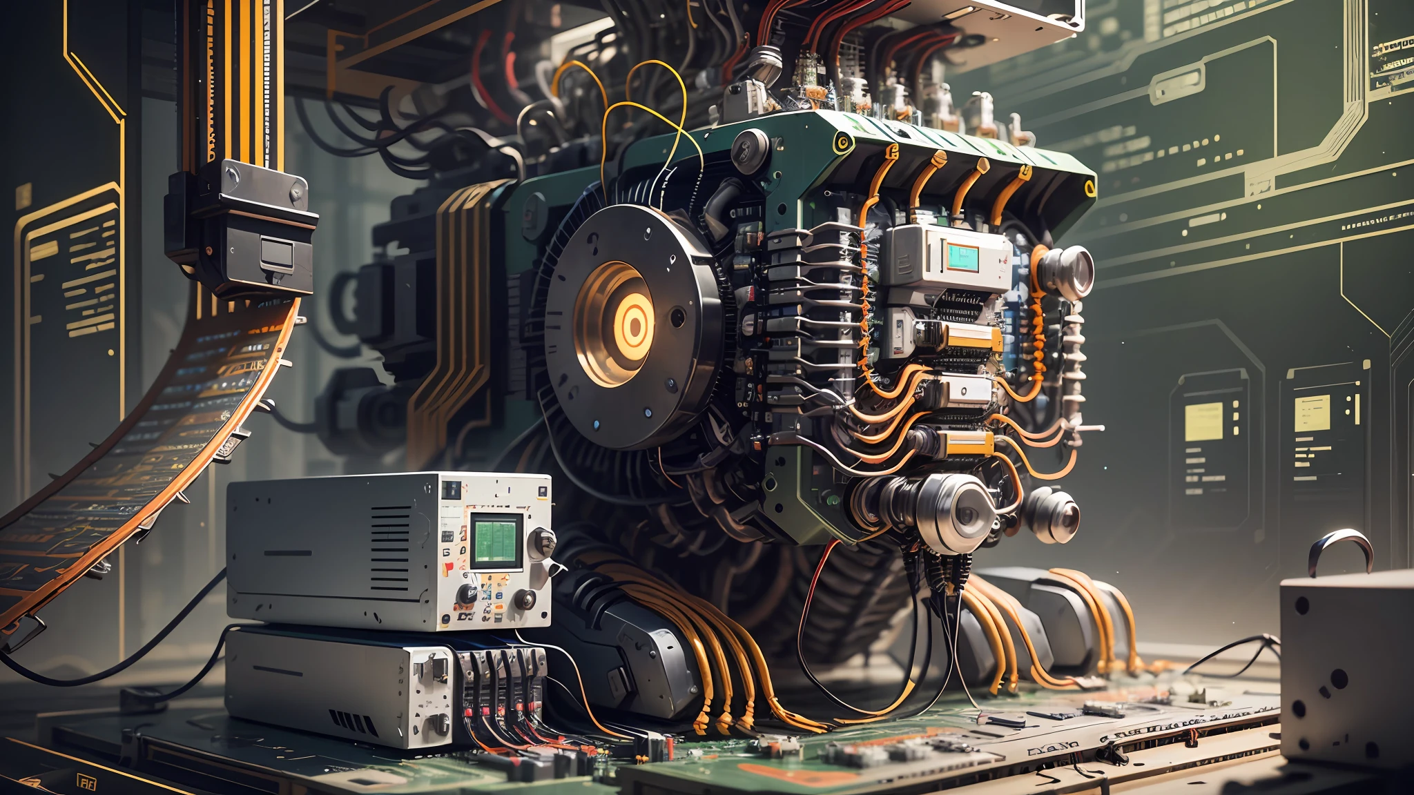 A huge industrial machine making human brain, computers and  wires and Circuit Board and lights, --auto --s2