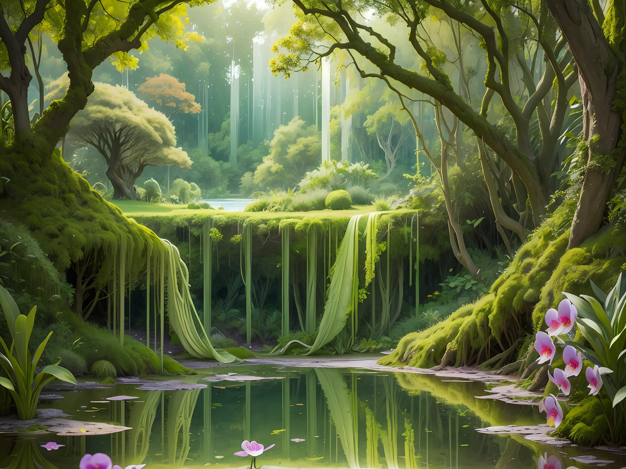 Computer Visualized Graphics, Watercolor Drawing, Realistic Fantasy, Extensive Landscape Ultrasound Photography (general view showing
water, reflection, roots braiding glass, orchid inside, tree, moss), blurred background, gloomy, yellow, green, purple background, pink, warm, magic