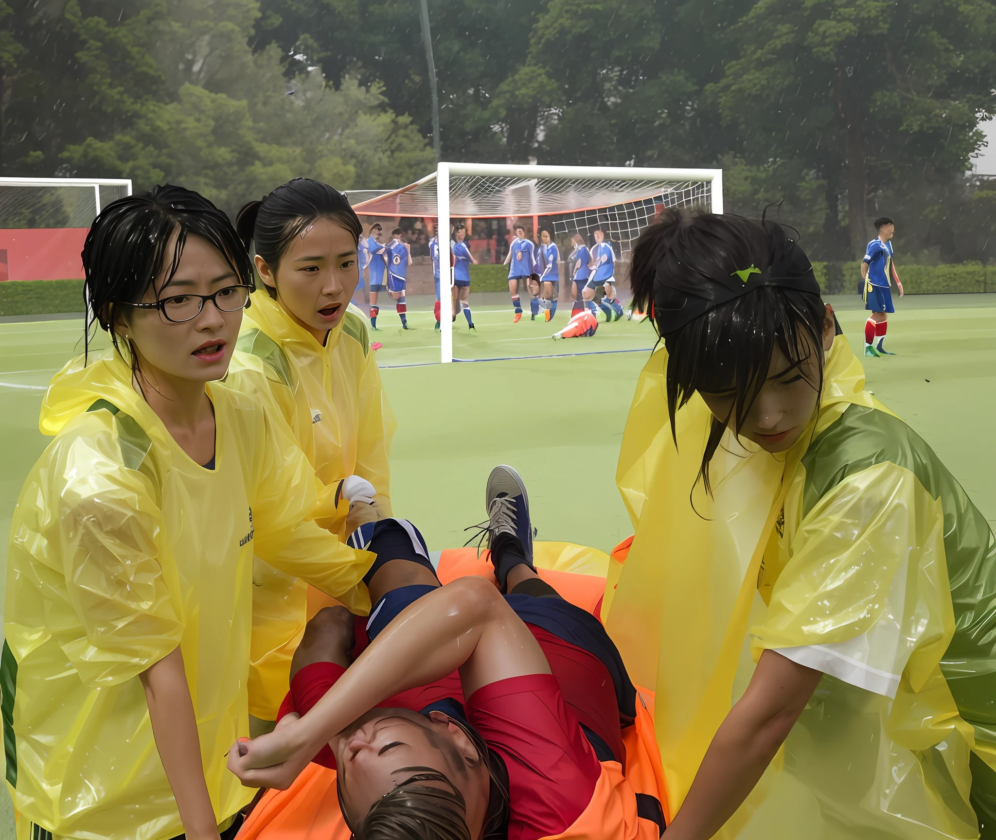 a soccer scene in a chinese sports stadium, rainy weather, wet ground, rainfall, injury scene in a sports stadium, stretcher carry, there are four female medics in wet raincoats who carrying a stretcher, there are four female medics in wet raincoats who are carrying a stretcher in a rainy sports stadium, there is a wounded male soccer player in a matte short cotton sports outfit lying on the stretcher, an injured male soccer player is lying on his back on a stretcher and is rearing up in agony, a soccer player is rearing up in pain while lying on his back on a stretcher, dramatic scene, theatralic posing scene, dramatic pity scene, injury soccer, first aid, help, pity, there are four female medics in shiny raincoats who are looking very sad and very terrified and very shocked, the injured soccer player is screaming out in pain while he is carried from the pitch on a stetcher through the rain