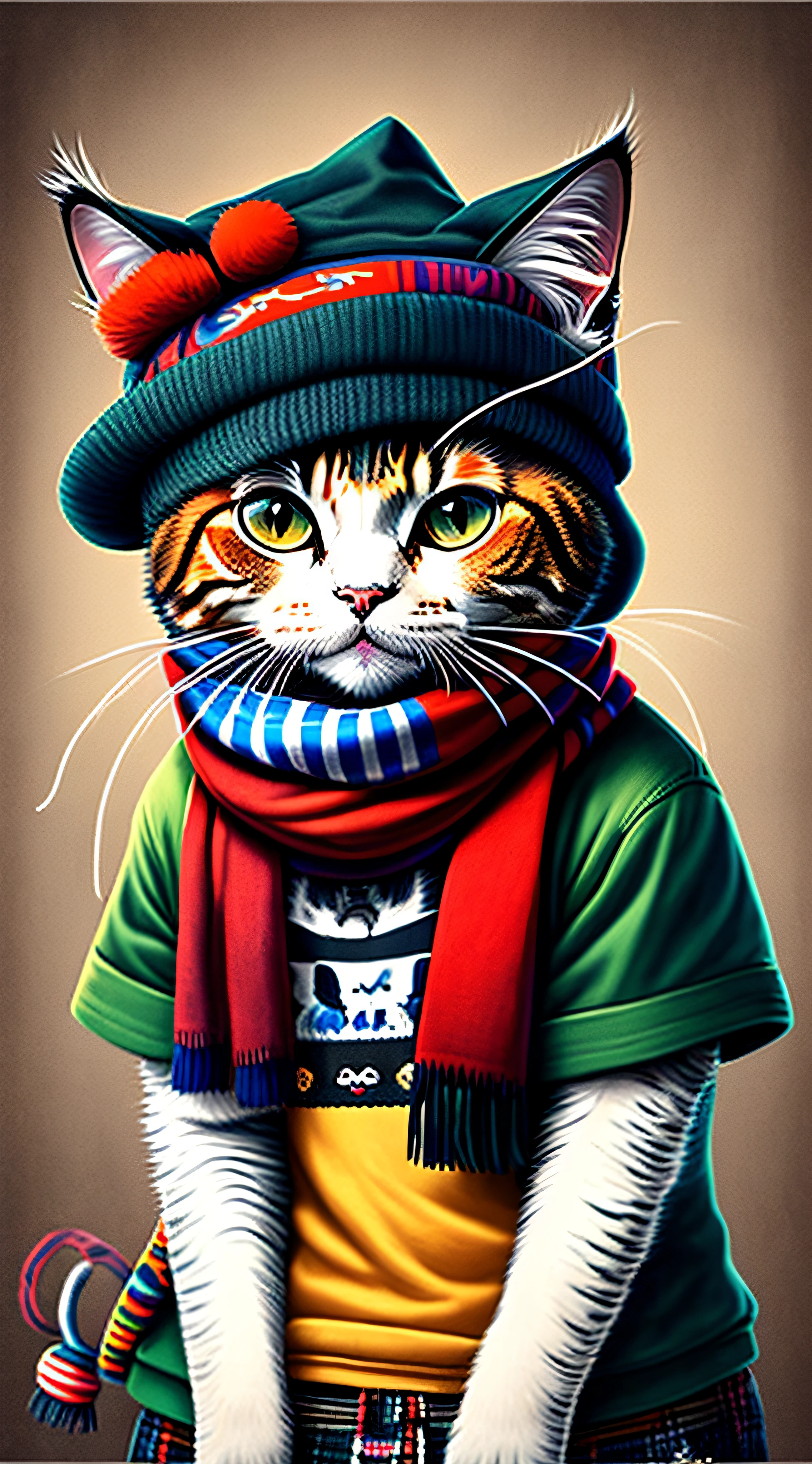 Drawing of a cat wearing a hat and scarf, art station trend, wearing punk clothing, detailed surreal rendering, british gang member, street style, intimidating pose, planet of cats, fashion clothing, urban samurai , meow, West Slavic traits, 8 1 5