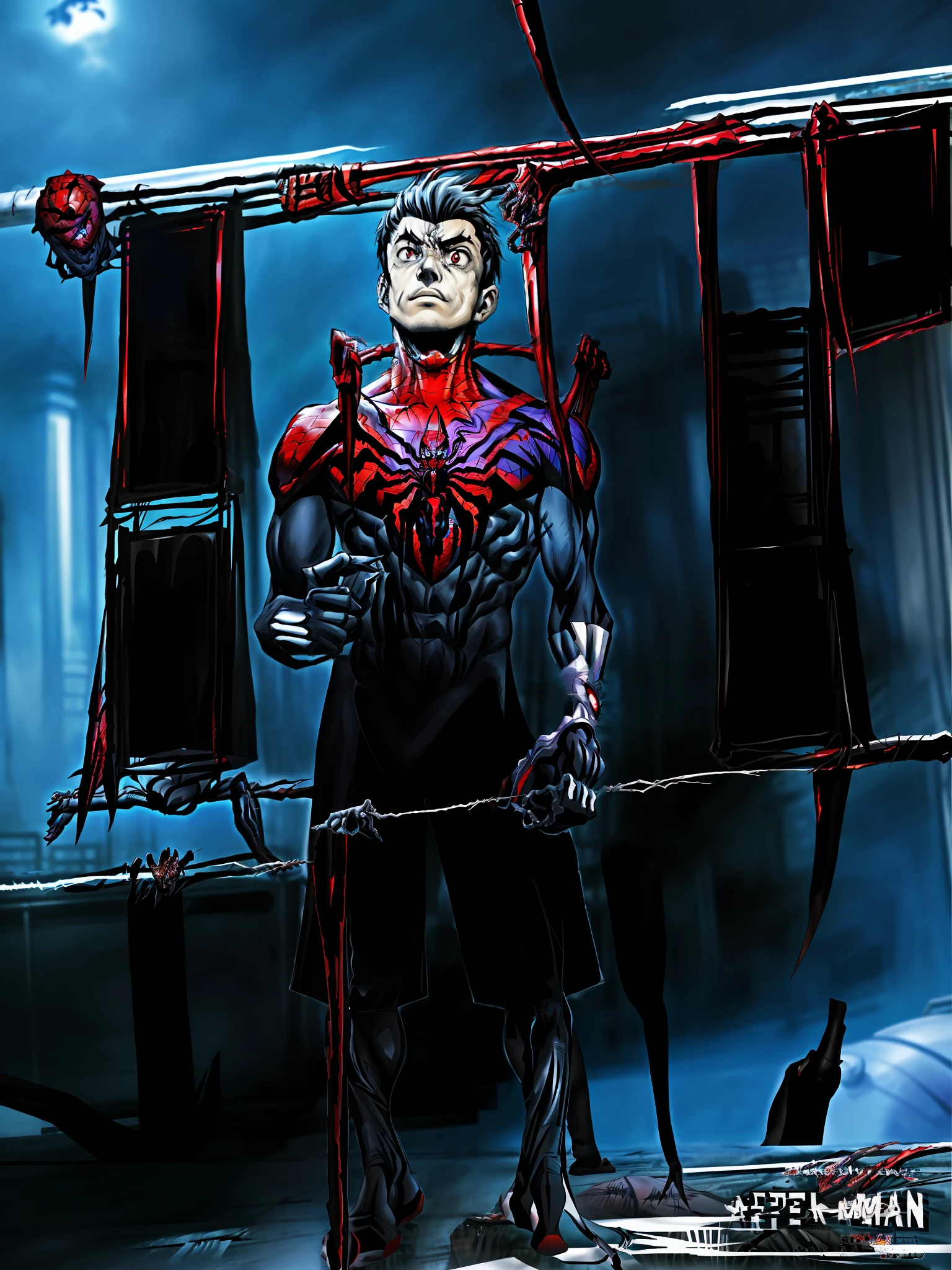 There was a man standing in a cage，There is a bat on his head, futuristic tetsuo, futuristic style spiderman, tetsuo from akira, concept art of single boy, Spider-Man as Terminator, movie still of a cool cyborg, anime big breast, shinji, Fan art, kaneki ken, [ 4 K digital art ]!!