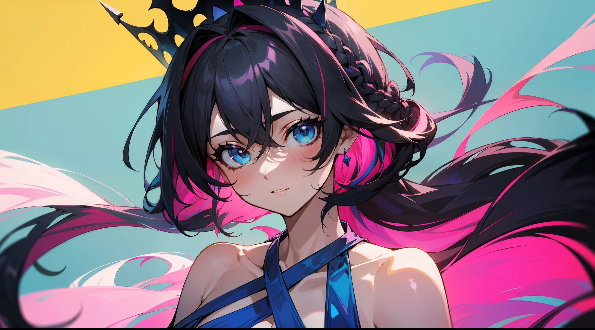 (portrait, looking at viewer:1.3), rainbow color combinations, masterpiece, 8k wallpaper, absurdres, best quality, dynamic angle, cinematic lighting, 1girl, (small breasts), cute, delicate, (black hair, pink streaks:1.3), (halter dress, sky blue dress:1.32), long hair, hair between eyes, sidelocks, crown braid, diadem, show shoulders, extremely reflective eyes, (extremely plain background, solid color background, yellow background:1.1)