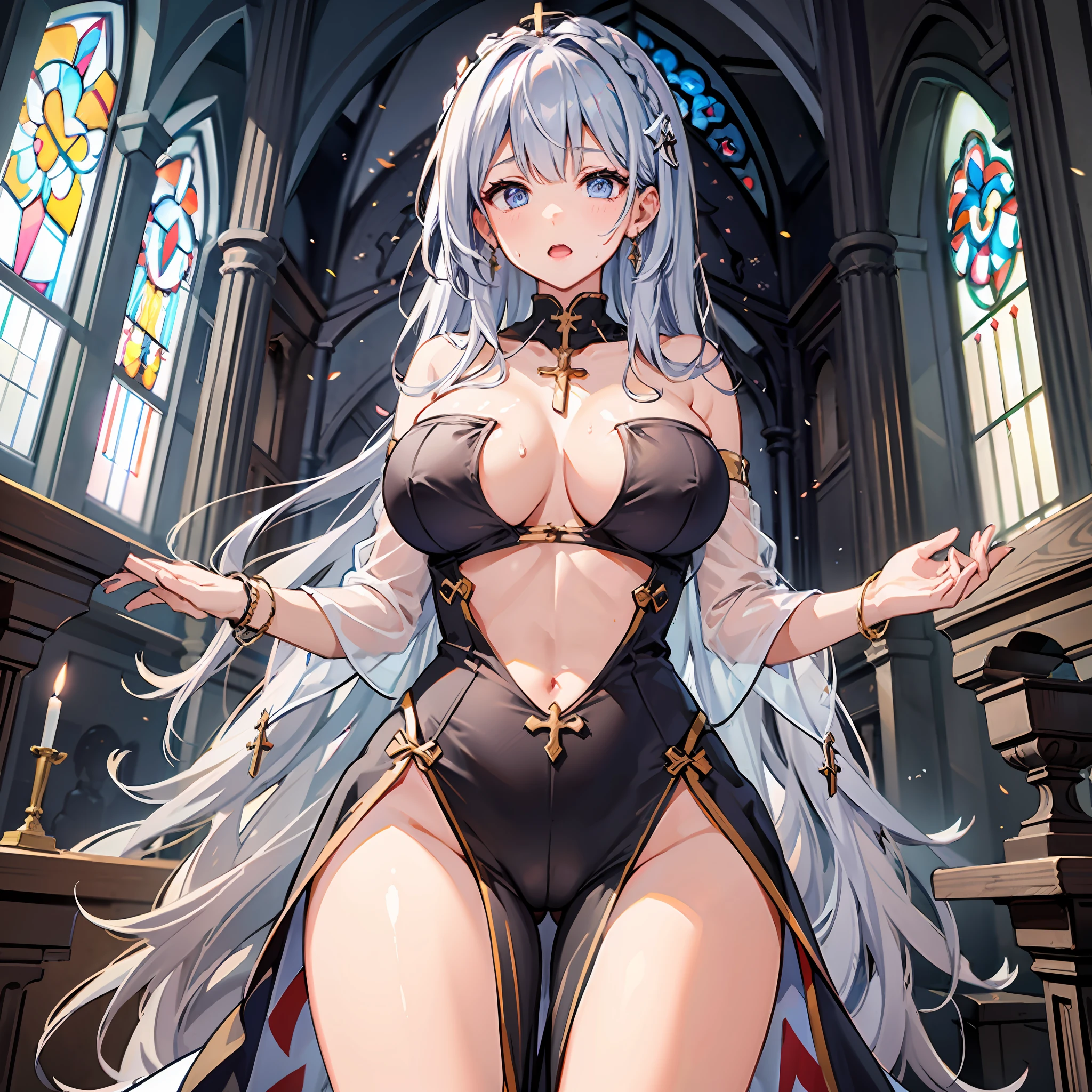 ​masterpiece, Top  Quality, ultra-definition, max resolution, A highly detailed, clean skin, the anime, s whole body, Slender, It's very cute, young face, a 18 year old girl, blue eyess, Semi-long hair, blonde hairs, braid hair, Praying, praying, Neatly gathered hands, wide open legs, high legs, wetty body, thin clothes, Clothes with the end in sight, the sweat, Breasts sticking out of clothes, Tight-fitting belly clothes, Under the chest, Shameful, red face, show off, valley, The crotch is visible, Areola see-through, With two men, church (chapel), altar, crucifixion, Cross Necklace, nun, sacredness, enormous breast (tits huge, long breast), (breast curtains), black  dress, veil, bandeau