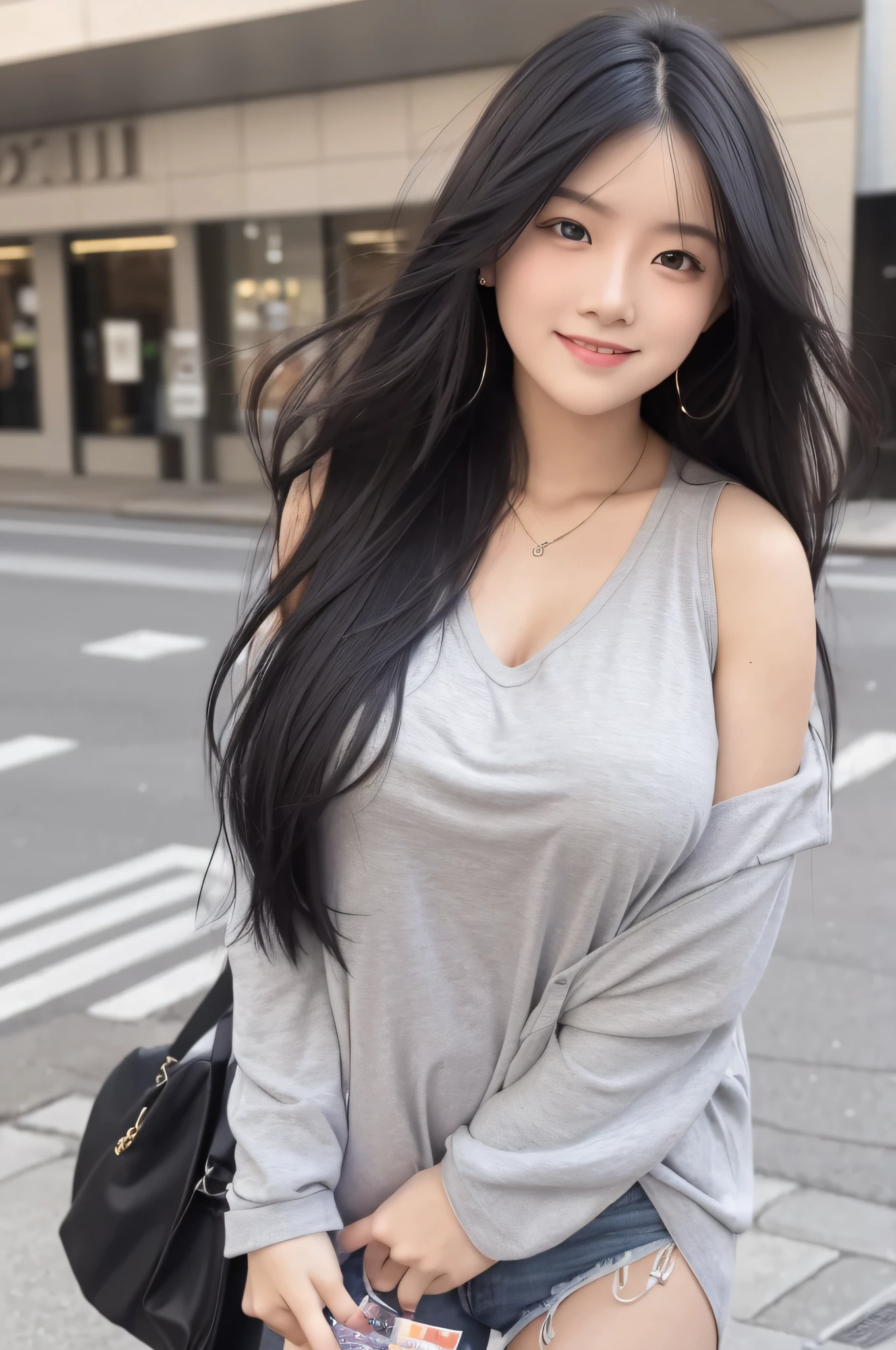 Best Quality, Black hair, laugh , Long hair, big boobs, (Clothes, Clothing :1.4 ) , holding card, Posing, Bare arms, outdoor, street ,((( POV ))), Looking at Viewer, ( on floor ), realistic, bloom, shiny
