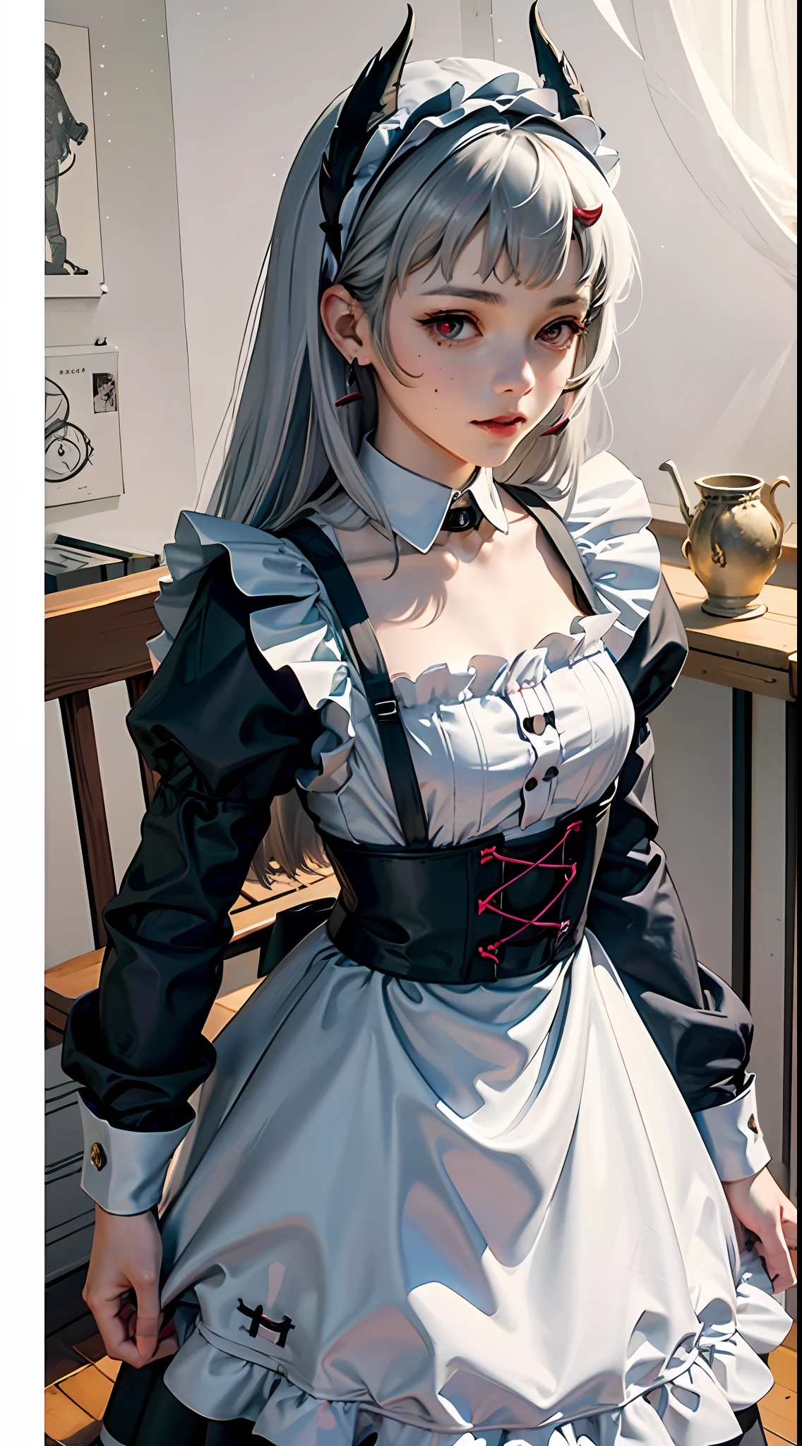 offcial art， Unity 8k Wallpapers， ultra - detailed， Beautiful and beautiful， tmasterpiece， best qualtiy， scientific fiction， （natta：1.2）， （1girll：1.3）， （年轻：1.1），The picture is clear，a close up of a woman in a dress and stockings, gorgeous maid, Maid outfit，is shy， ssmile， Be red in the face， long whitr hair， whaite hair， Striped hair， red eyes， Hair Bow， Moles under the eyes， （cinmatic lighting：1.2），A person poses for a photo in a maid costume，the maid outfit，laced dress，Luxury theme，realistic dress，The skin details are very detailed，Watch machinery，Beautiful Maid，Feminine beauty，Stunning character art，Ray traching