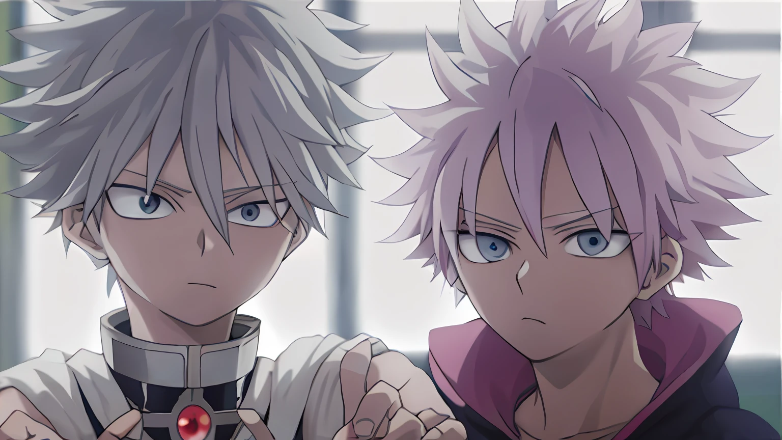 Anime characters with pink hair and blue eyes staring at something, killua zoldyck, killua zoldyck portrait, killua zoldyck black hair, Hunter x Hunter, nagito komaeda, killua zoldyck made of jewlery, Hunter x Hunter, a silver haired mad, kaworu nagisa