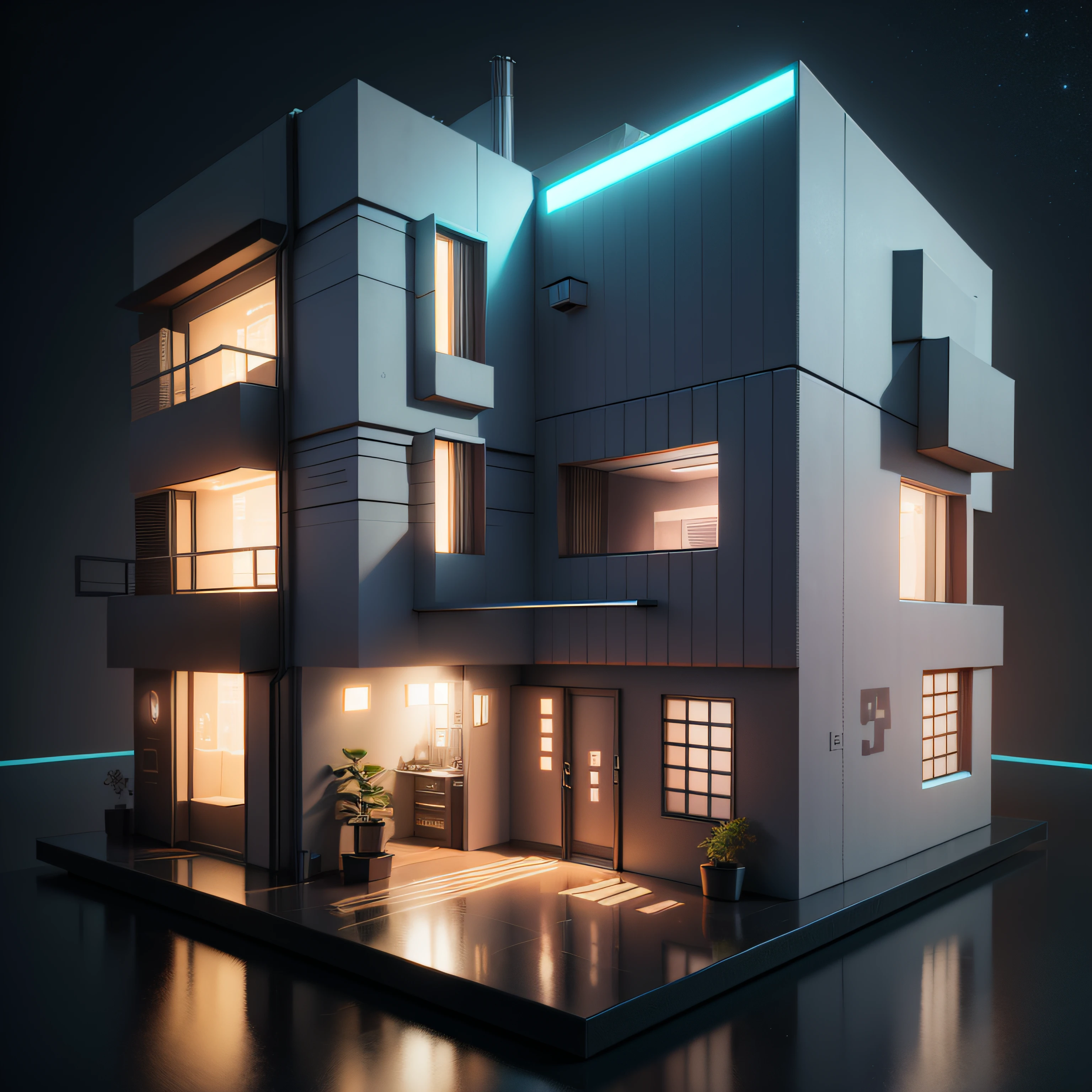 3D，Blender rendering，cyber punk perssonage，House model，4 bedrooms，box，iso-distance view，IsometricFuture，Stylized lines，Isometric style，Technologie，glass，cleanness，hd render --auto