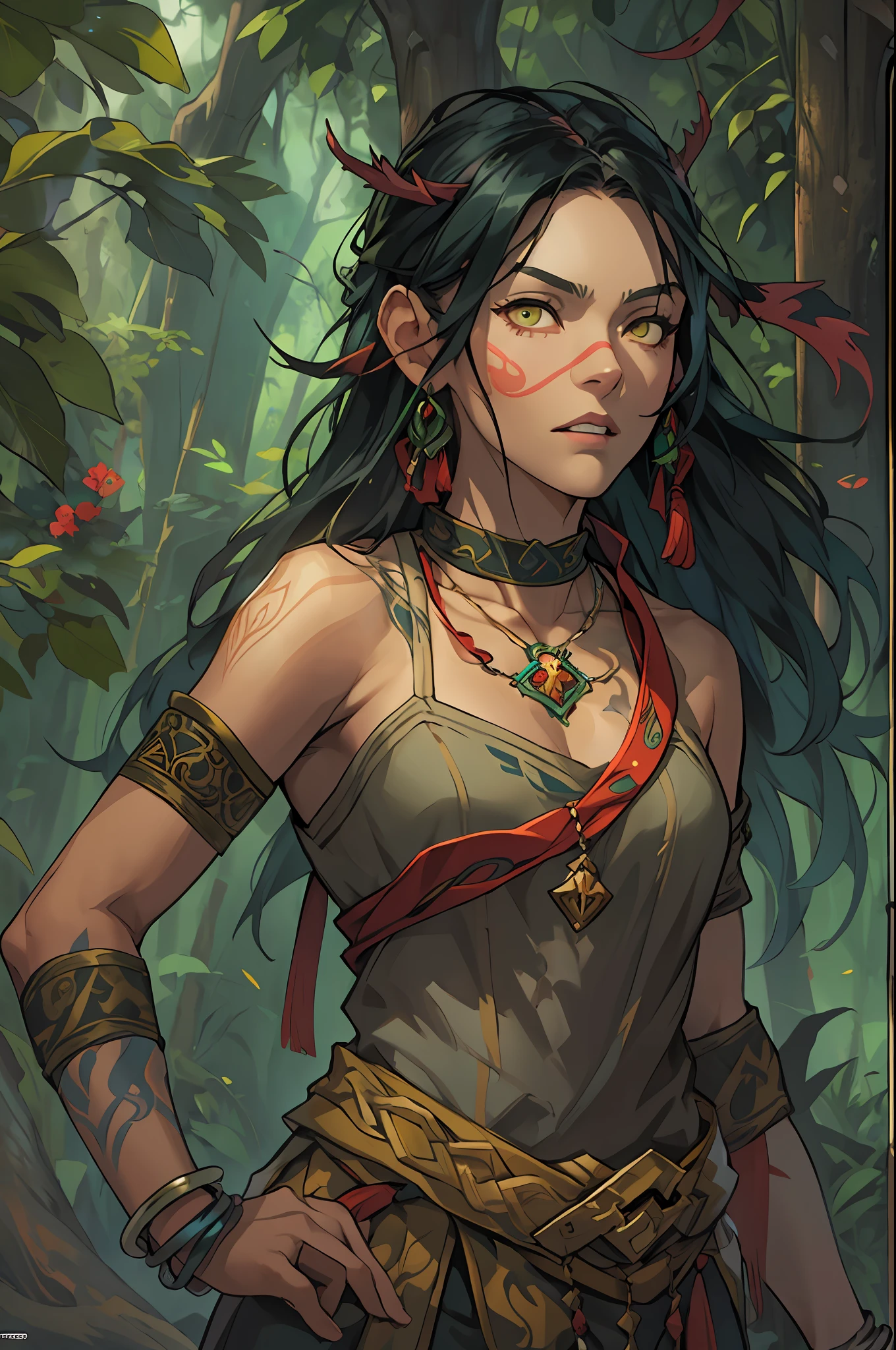 (1 Northern Girl),Anatomically correct, Solo, shaman, Nature, Healer, Round ears, wild hairs, Dark black hair, Unkempt hair, celtic tattoos, Earthy yellow energy, pretty eyes, Long bead necklace, Bead bracelet, trinkets, Vines in hair, Thick body, Wide body,Fantasy setting, Outdoor activities in a dream forest, Ancient ruins, Faye Wong Wilder, fey, falling leaf, ventania, Magic the Gathering, dungeons and dragons, character concept, character art, Character portrait, Cartoon, Best quality, Best resolution, 4K, Vivid colors, Vivid, High detail, best detail, confident pose, extrovert, look from down, Serious expression