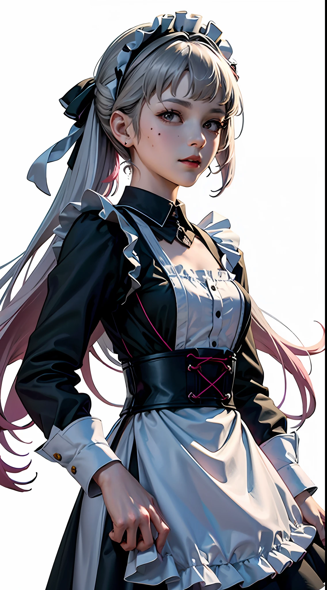 offcial art, Unity 8k Wallpapers, ultra - detailed, Beautiful and beautiful, tmasterpiece, best qualtiy, scientific fiction, (natta:1.2), (1girll:1.3), (年轻:1.1),The picture is clear,a close up of a woman in a dress and stockings, gorgeous maid, Maid outfit,is shy, ssmile, Be red in the face, long whitr hair, whaite hair, Striped hair, red eyes, Hair Bow, Moles under the eyes, (cinmatic lighting:1.2),A person poses for a photo in a maid costume,the maid outfit,laced dress,Luxury theme,realistic dress,The skin details are very detailed,Watch machinery,Beautiful Maid,Feminine beauty,Stunning character art,Ray traching