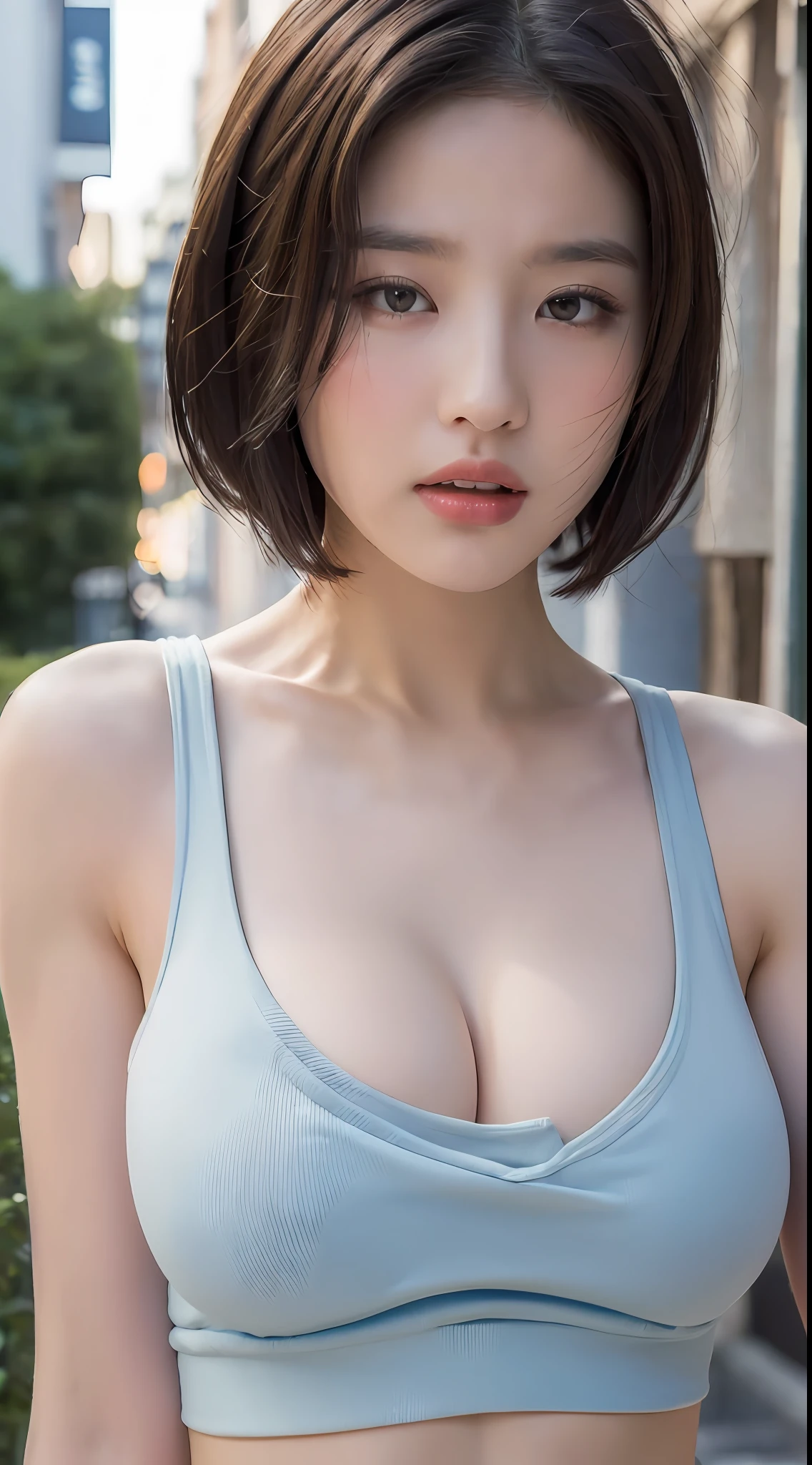 ((Best quality, 8k, Masterpiece :1.3)), Sharp focus :1.2, A pretty woman with perfect figure :1.4, Slender abs :1.2, ((Layered haircut, Big breasts :1.2)), (Tank top shirt :1.1), (Street :1.2), Highly detailed face and skin texture, Detailed eyes, Double eyelid