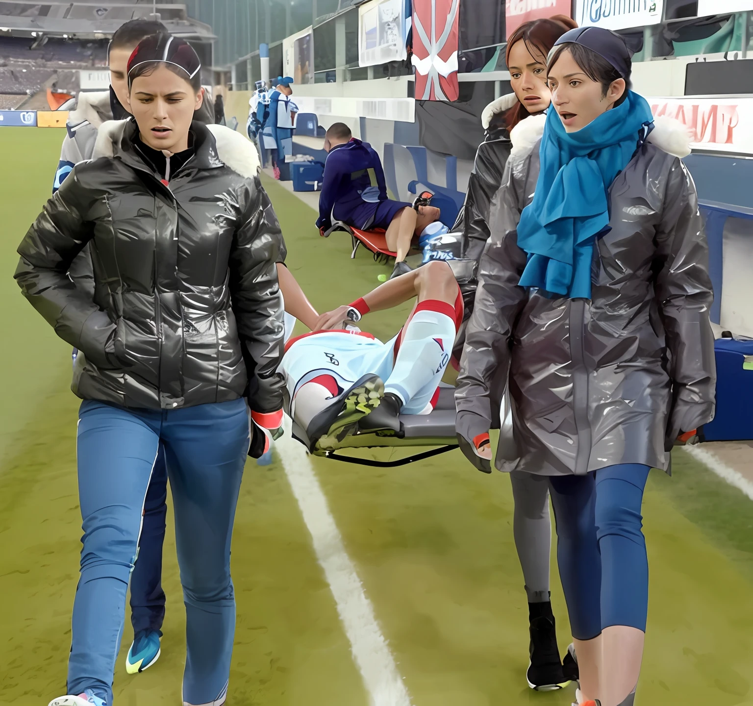 a soccer scene in a sports stadium, cool and wet weather conditions, humide ground, rainy sky, injury scene in a sports stadium, stretcher carry, there are four female medics carrying a stretcher, there are four female medics in very shiny coats who are carrying a stretcher in a sports stadium, there is a wounded male soccer player in a matte short cotton sports outfit lying on the stretcher, an injured male soccer player in matte cotton sportswear is lying in pain on a stretcher, a soccer player in matte cotton sports clothes is rearing up in intense pain while lying on a stretcher, dramatic scene, theatralic posing scene, dramatic pity scene, injury soccer, first aid, help, pity, there are four female medics in wetlook high-shine coats who are looking very sad and very terrified and very shocked, the injured soccer player is screaming out in pain while he is carried from the pitch on a stetcher