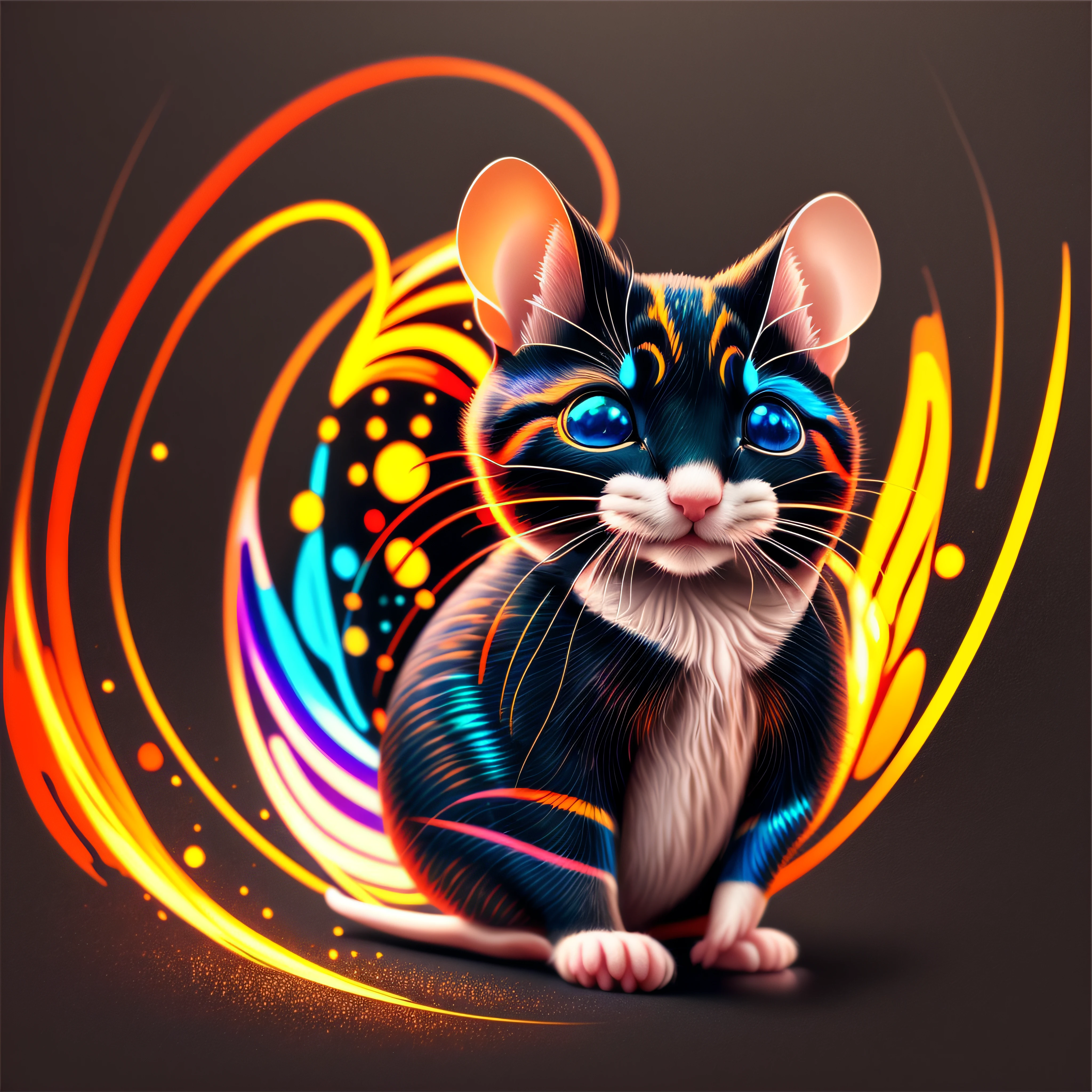 A painting of a colored mouse on a black background,, breathtaking rendering, dans une connexion rayonnante, inspired by Kinuko Y. Craft,, Magical elements, Kitten icon, wow, est magnifique, lancer un sort multicolore, flash lumineux, flash, 8k, ccurate, best quality, award winning, high details --auto
