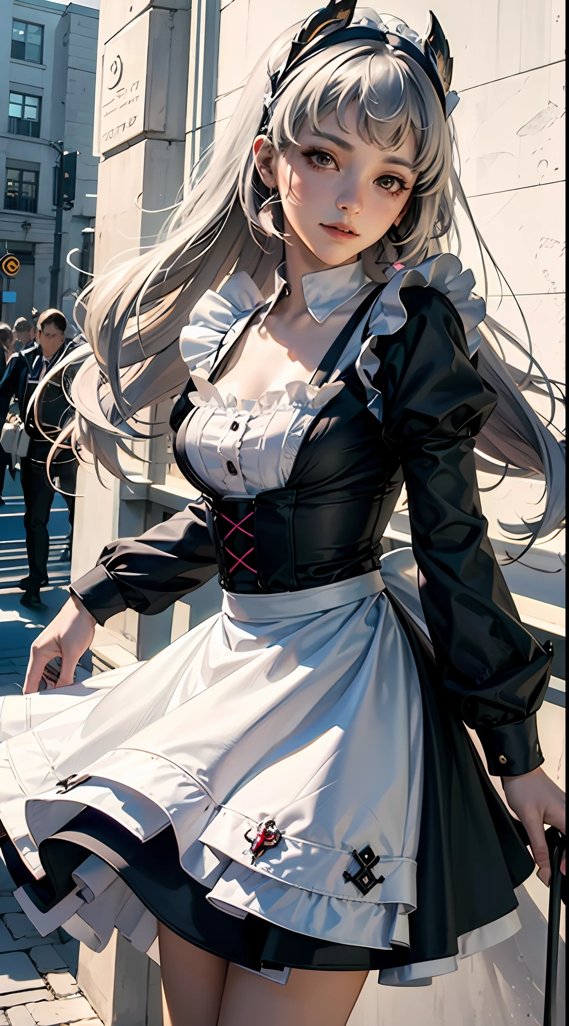 offcial art， Unity 8k Wallpapers， ultra - detailed， Beautiful and beautiful， tmasterpiece， best qualtiy， scientific fiction， （natta：1.2）， （1girll：1.3）， （年轻：1.1），The picture is clear，a close up of a woman in a dress and stockings, gorgeous maid, Maid outfit，is shy， ssmile， Be red in the face， long whitr hair， whaite hair， Striped hair， red eyes， Hair Bow， Moles under the eyes， （cinmatic lighting：1.2），A person poses for a photo in a maid costume，the maid outfit，laced dress，Luxury theme，realistic dress，The skin details are very detailed，Watch machinery，Beautiful Maid，Feminine beauty，Stunning character art，Ray traching