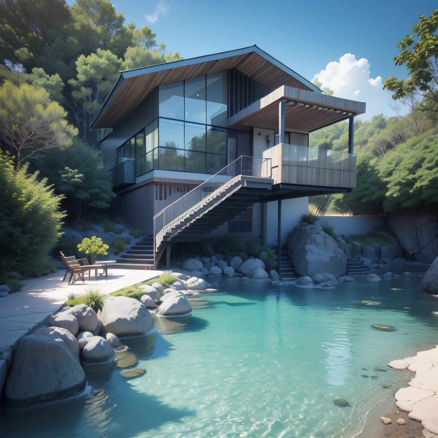 Arquitectura de uma casa futurista, casa de luxo na ilha das Seischeles, turquoise water, Rocks at the water's edge, areia branca, arquitectura de uma moderna, Arquitetura futurista, arquitetura Zaida Hadid, pequena casa de concreto branco com paredes de madeira, arquitectura com muito vidro, casa com madeira e vidro, grande piscina estreita a entrar pelo mar, arquitectura encaixada na floresta tropical, arquitectura estilo maldivas ilha das Seicheles, praia tropical, a digital rendering, renderizado, muito detalhe, 8k Joao Salvador, ((obra-prima, melhor qualidade)), 8k, estilo de arquitetura moderna, Foto realista, David Chipperfield, foto hiper detalhada, single box, A 3D digital rendering of a building, glass building, Leansflare, body of water, night time