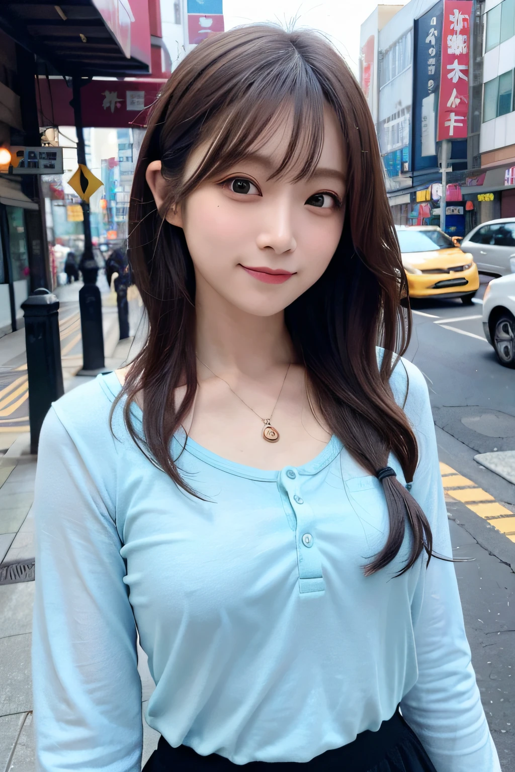 (((Medium Hair))), top-quality, 8K, nffsw, Hi-Res, absurderes:1.2, a picture, (Raw photography:1.2), (Photorealsitic:1.4), (masterpiece:1.3), (intricate detailes:1.2), 1girl in, 独奏, a japanese girl, Delicate and beautiful details, (A detailed eye), (detailed facial features), 小柄, (((tiny chest))), tonned skin, (up looking_で_viewer), from a_front, (skiny), (top-quality:1.4), (超A high resolution:1.2), cinematric light, (Extreme detailed illustration), (lipgloss、top-quality、超A high resolution、depth of fields、Caustics、Broadlighting、Natural Shading、85 mm、F / 1.4、ISO 200、1 / 160 seconds:0.75)、1girl in、独奏、Casual wear、A smile、校服、a necklace、、student clothes、乃木坂アイドル、hposing Gravure Idol、Beautie、In the street、Office Lady、s Office