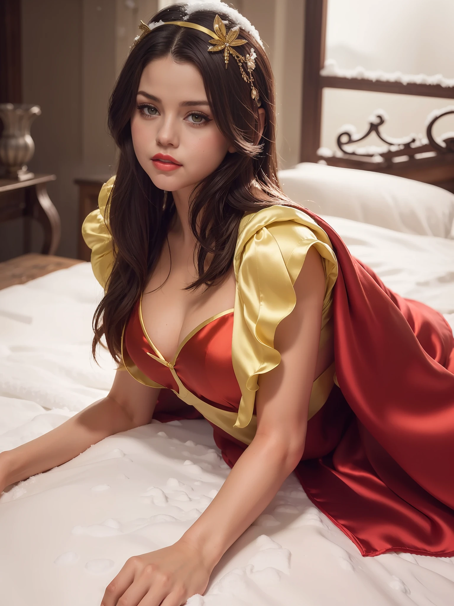 (realistic:1.4), best quality, ultra high res,
4k, instagram, Selena gomez
highly detailed,
1 girl,
(Snow white costume:1.5),
(((((Silk)))))
smile, short silk yellow skirt, silk blue corset, red hairband, indoors, on bed, sexy, red silk cape, medium breasts