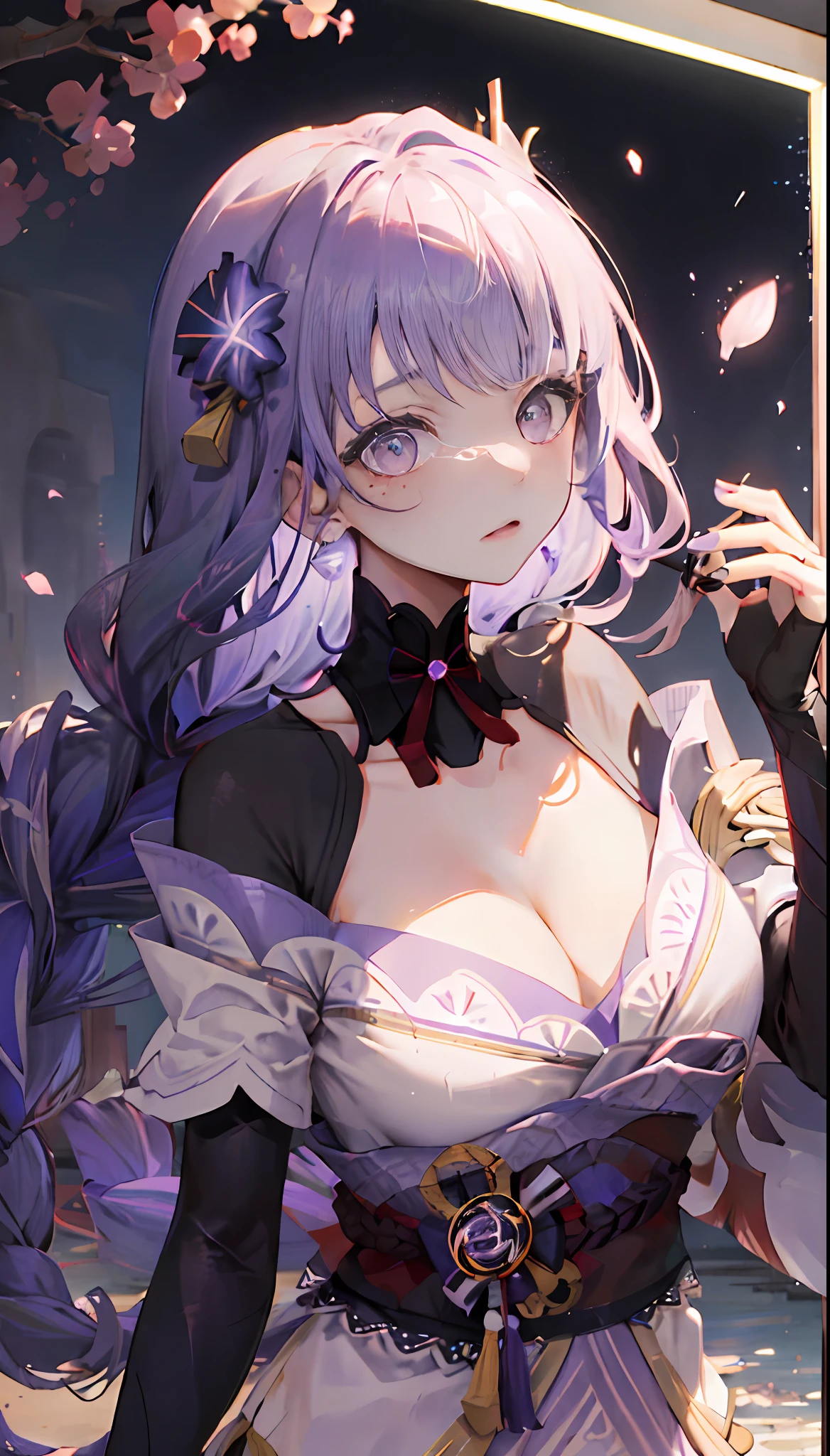 ((Ultra-detailed)),((Delicate face)), 美丽细致的眼睛，Gradient hair，Hair between the eyes，GSHead ,Purple hair, Genshin_impact，((serious expressions))，Nude woman black and purple plus dotted background，looking at the viewer only（（HighestQuali，tmasterpiece，4K，finedetail，Detailed eyes，detailed face with，Complicated details，Pisif，gelbooru）），（（Pale skin，purpleglowing eyes eyes）），1girll，Solo Woman，（（Genshin_impact）），light particules，Purple thunderbolt，Bright background，the cherry trees，sunny clear sky，purple color-theme，Delicate facial features，Sexy beautiful girl，Raiden general，Long purple hair，Detailed eyes，busty figure，buliding，Complete limbs