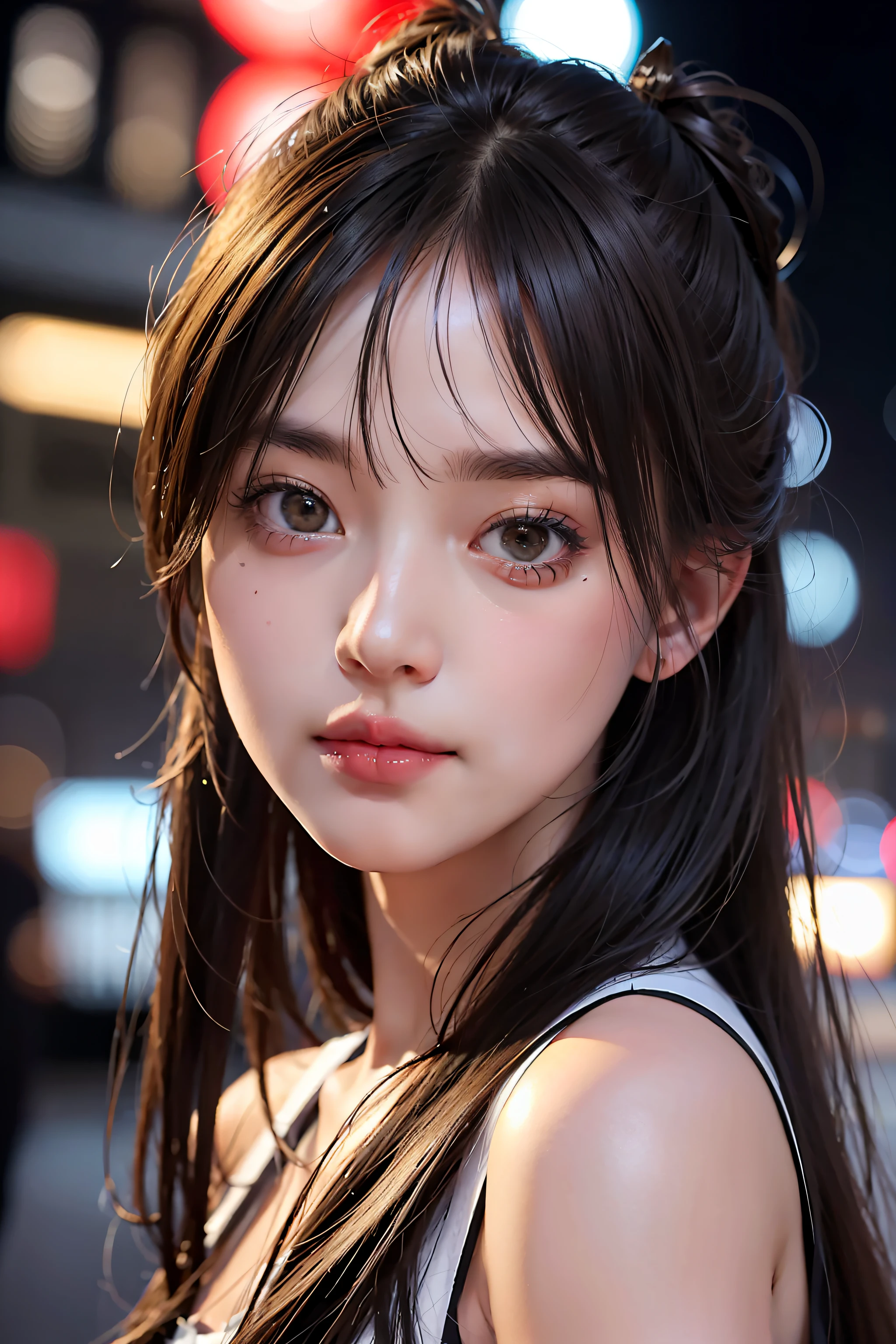 1girl, Tokyo street,night, cityscape,city lights, upper body,close-up, 8k, RAW photo, best quality, masterpiece,realistic, photo-realistic,