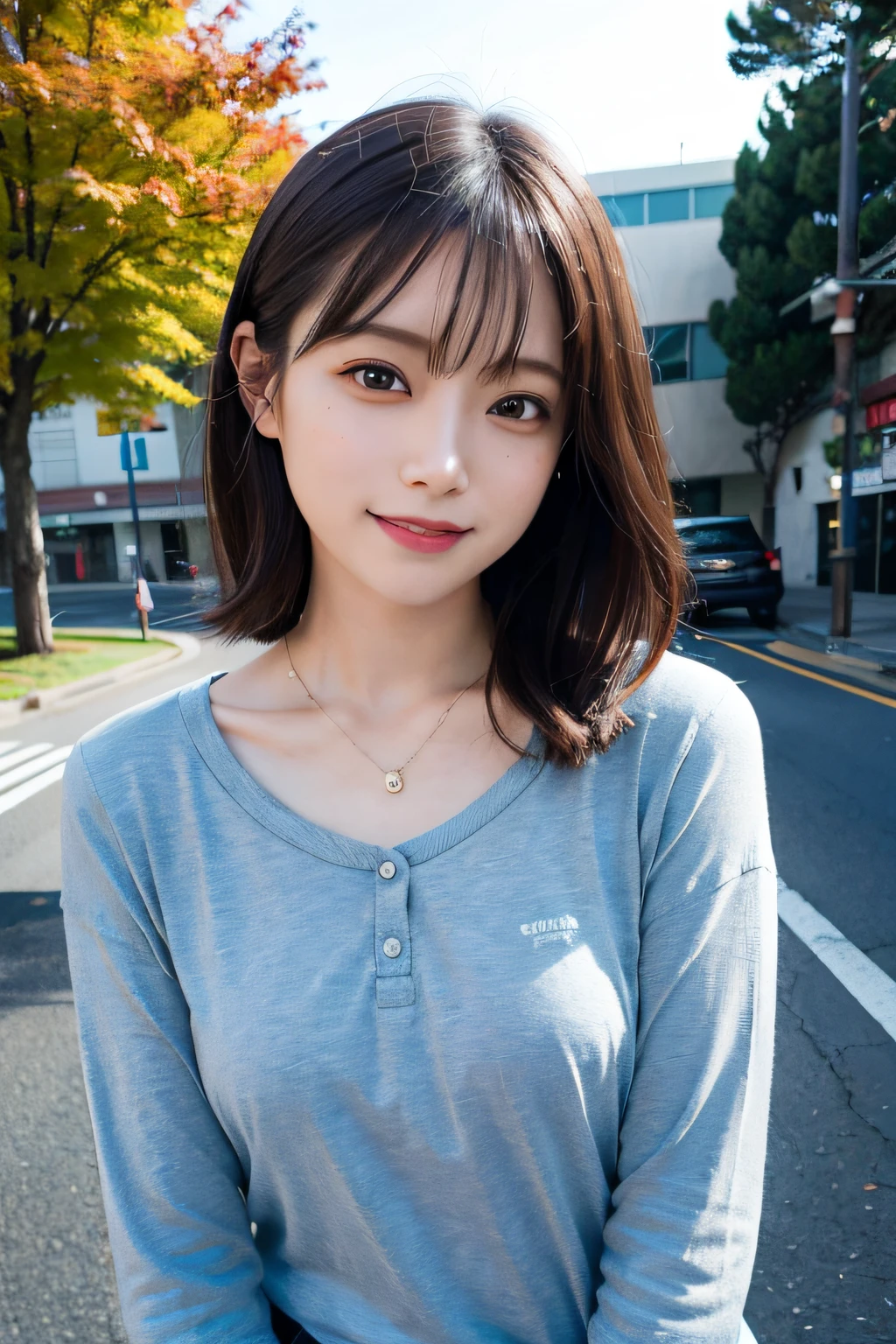 (((Medium Hair))), top-quality, 8K, nffsw, Hi-Res, absurderes:1.2, a picture, (Raw photography:1.2), (Photorealsitic:1.4), (masterpiece:1.3), (intricate detailes:1.2), 1girl in, 独奏, a japanese girl, Delicate and beautiful details, (A detailed eye), (detailed facial features), 小柄, (((tiny chest))), tonned skin, (up looking_で_viewer), from a_front, (skiny), (top-quality:1.4), (超A high resolution:1.2), cinematric light, (Extreme detailed illustration), (lipgloss、top-quality、超A high resolution、depth of fields、Caustics、Broadlighting、Natural Shading、85 mm、F / 1.4、ISO 200、1 / 160 seconds:0.75)、1girl in、独奏、Casual wear、A smile、校服、a necklace、、student clothes、乃木坂アイドル、hposing Gravure Idol、Beautie、In the street、Office Lady、s Office