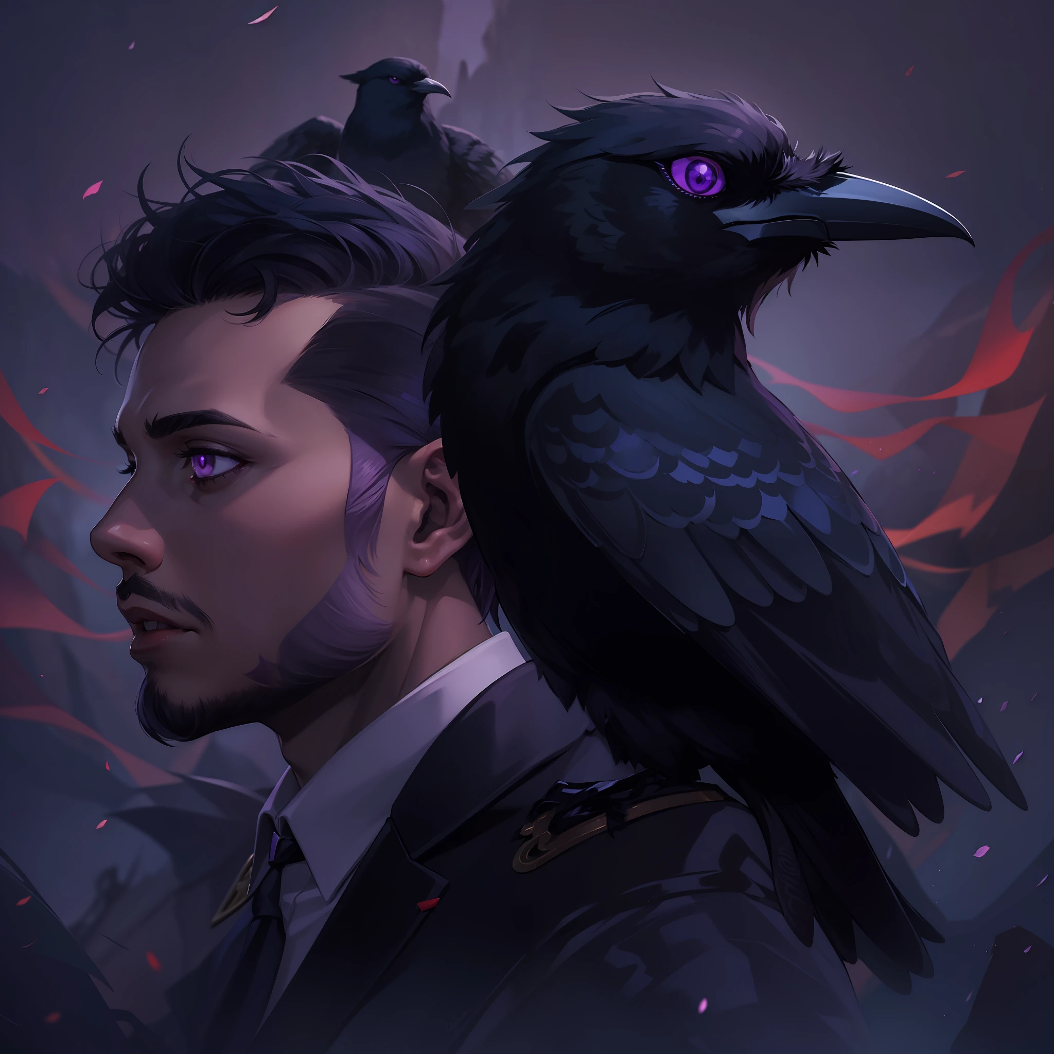 man, light skin, purple tones, purple eyes, crow on shoulder, black hair, short fur, focus on face, magic, Black Suit, red details, high quality image, 8k, focus on face, background birds in sky, Night magic neck tattoo