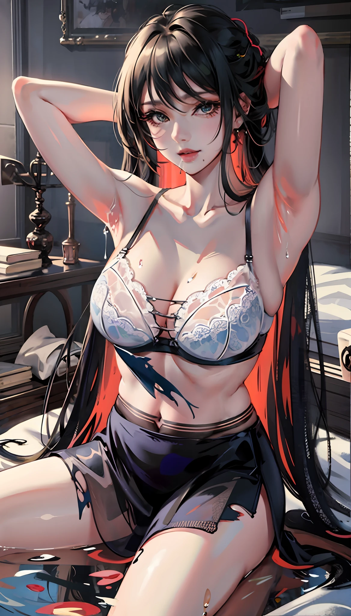 Highest image quality,4K,Professional lenses,Anime girl sitting on bed,Long black hair and white top, seductive anime girls, beautiful and seductive anime woman, Guviz, Extremely detailed Artgerm, There is a puddle of viscous liquid between the legs,There is a layer of white translucent mucus on the breast,There is a lot of fluid on the legs and arms, and hands,Clothing soaked in an oily liquid,Torn clothes,A large amount of saliva slipped from my mouth to my chest,,Burst underwear,legs separated,Soaked underwear is torn,A large amount of fluid runs down the breast,The lace-knit wrap skirt was torn,Reveals belly and white lace panties,Panties soaked to translucent,A puddle of sticky, oily fluid on the breast