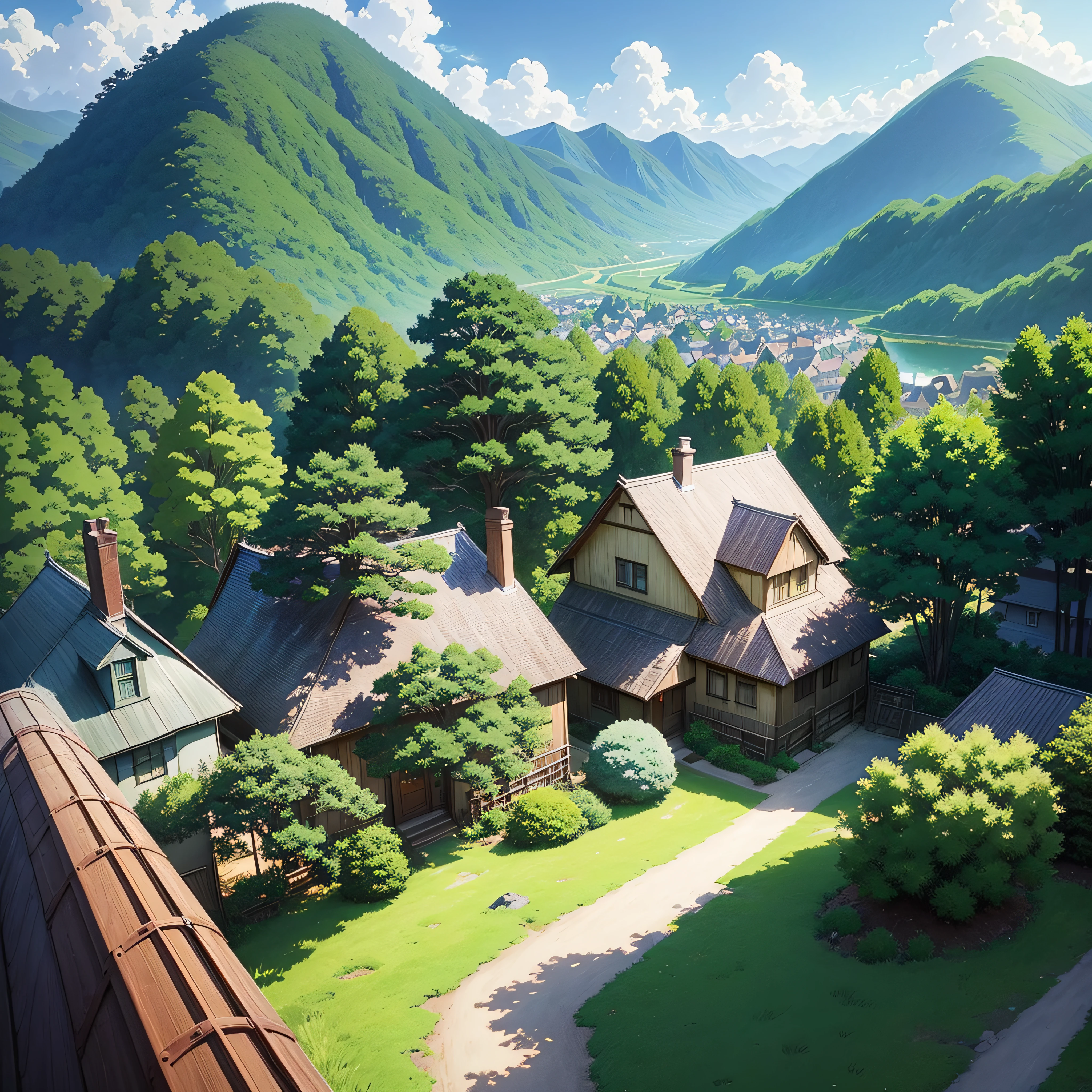 Anime countryside、Anime Background Art、Anime landscapes、Soft Concept Art Studio Ghibli、beautiful anime landscape、Background art concept art with a touch of brush、Studio Ghibli concept art、Ghibli Studio Environment、Anime landscapes、Beautiful anime scenes、View of Ghibli Studio、cottagecore!! --auto