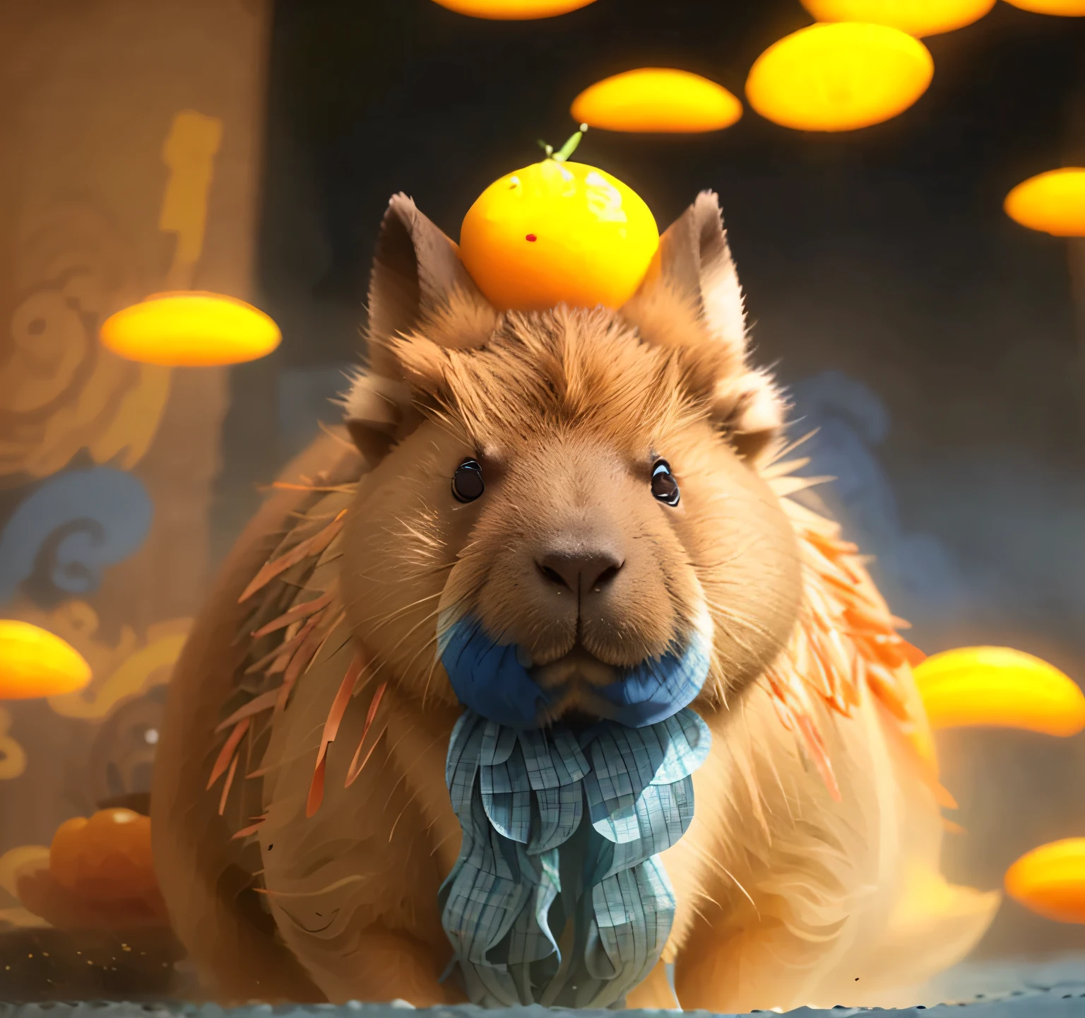 There was a capybara with a bunch of oranges on his head, capybara,Wear Dunhuang costumes，China-style，Cute and quirky， Artistic fantasy，blue colored eyes