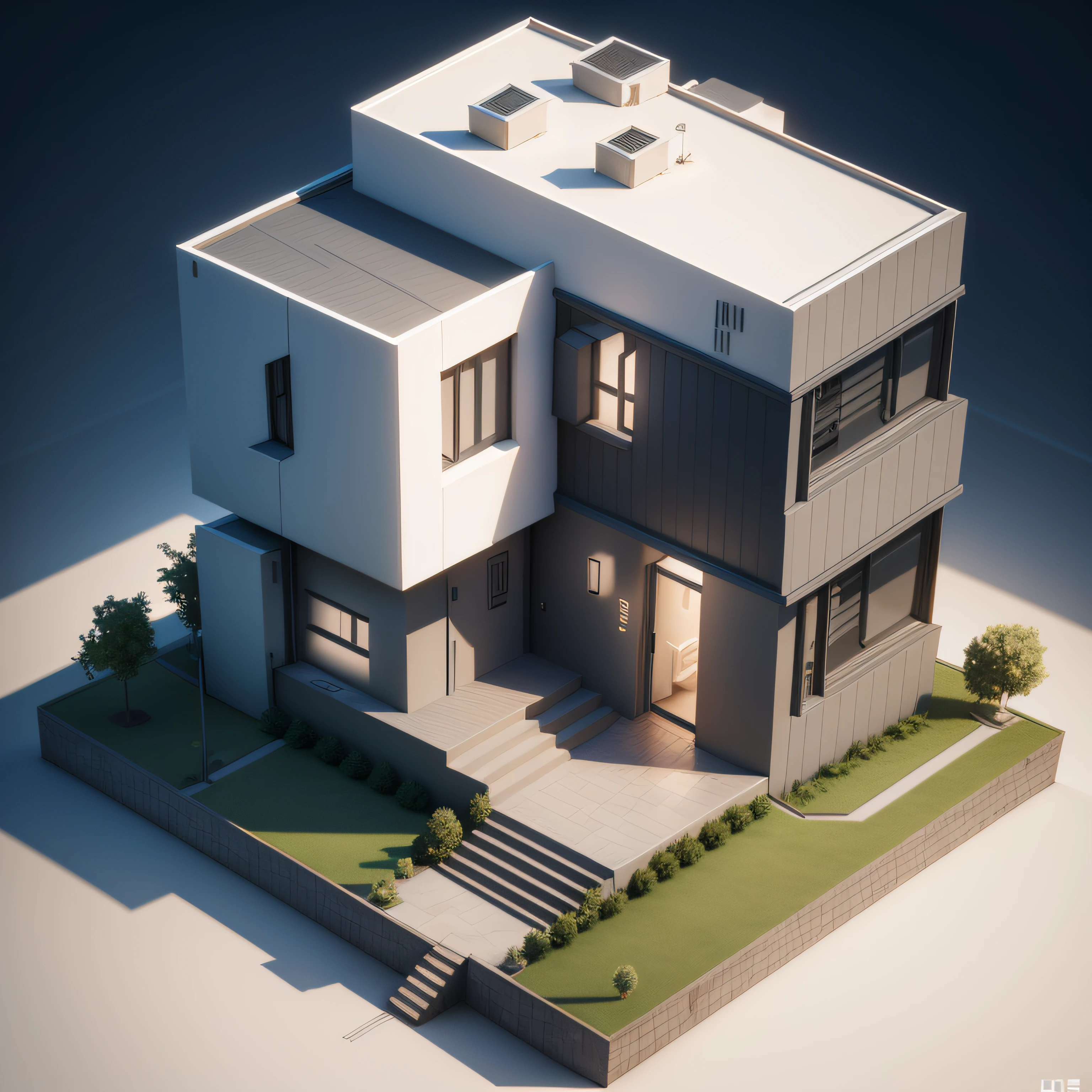 3D,Blender rendering,cyber punk perssonage,House model,4 bedrooms,box,iso-distance view,IsometricFuture,Stylized lines,Isometric style,Technologie,glass,cleanness,hd render --auto