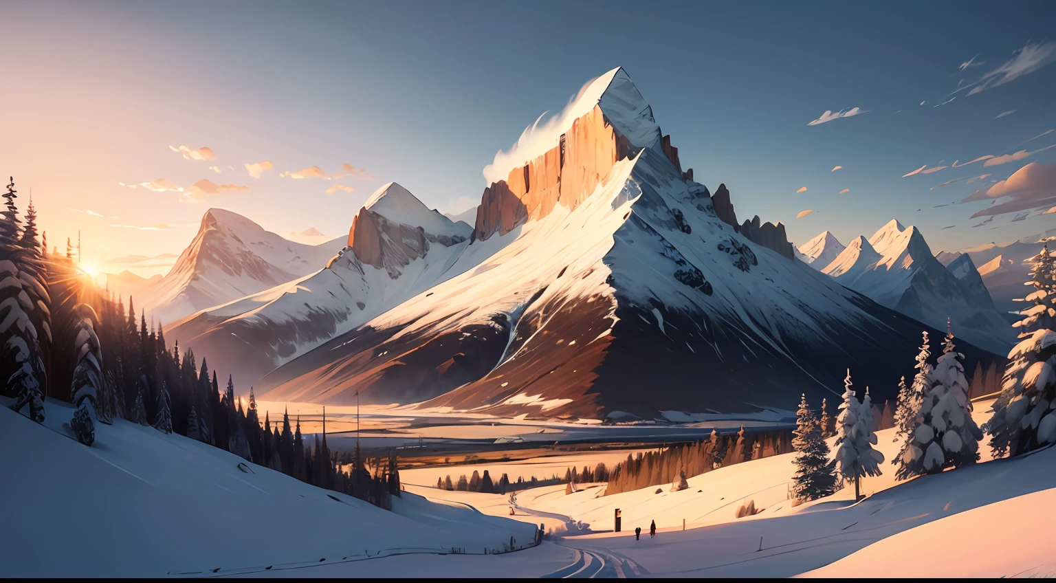 1 No characters,snowy mountains,sun rising,gigantic,showy,cure,beste-Qualit,Beautiful details,perfect light