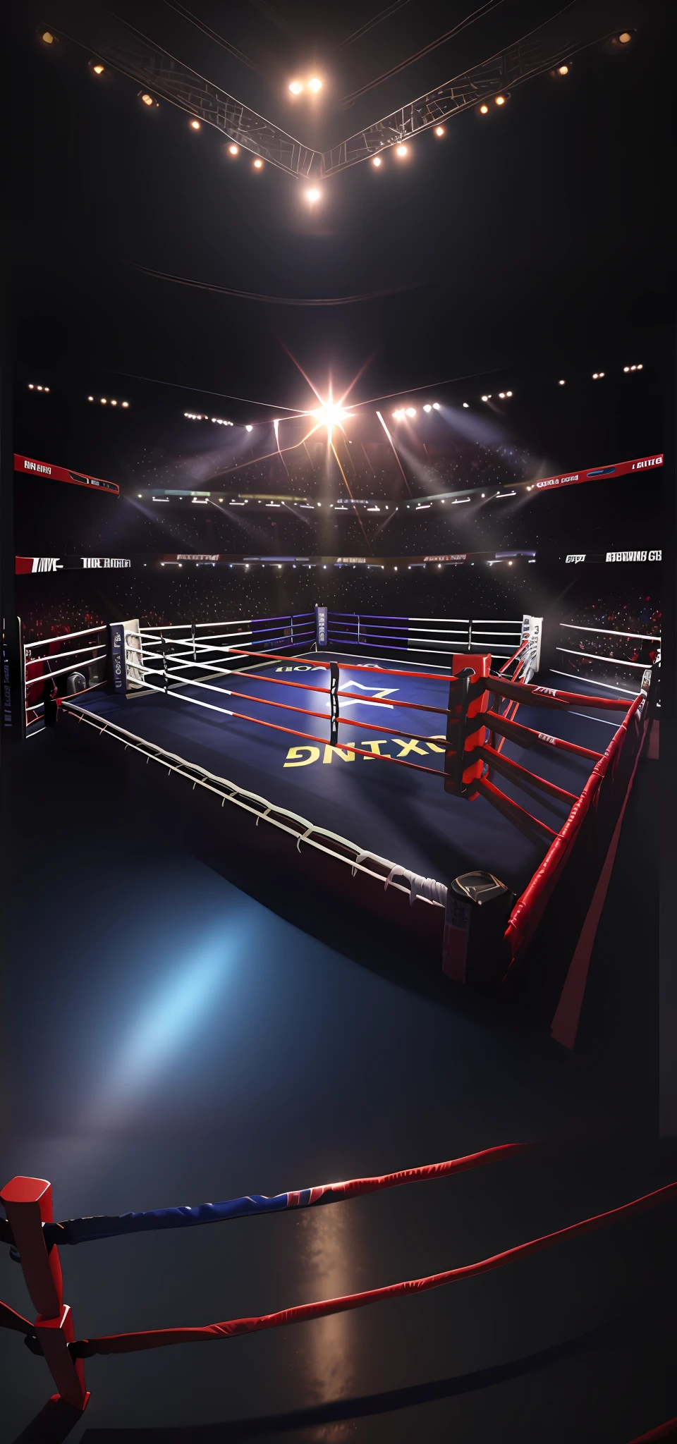 Boxing ring, wrestling ring, The ring is horizontal, boxing match, in the middle of an arena, depicted as a 3 d render, arena background,Dimmly lit boxing ring,There are red and blue ropes and ropes on it, Boxing ring, wrestling ring, in a boxing ring,