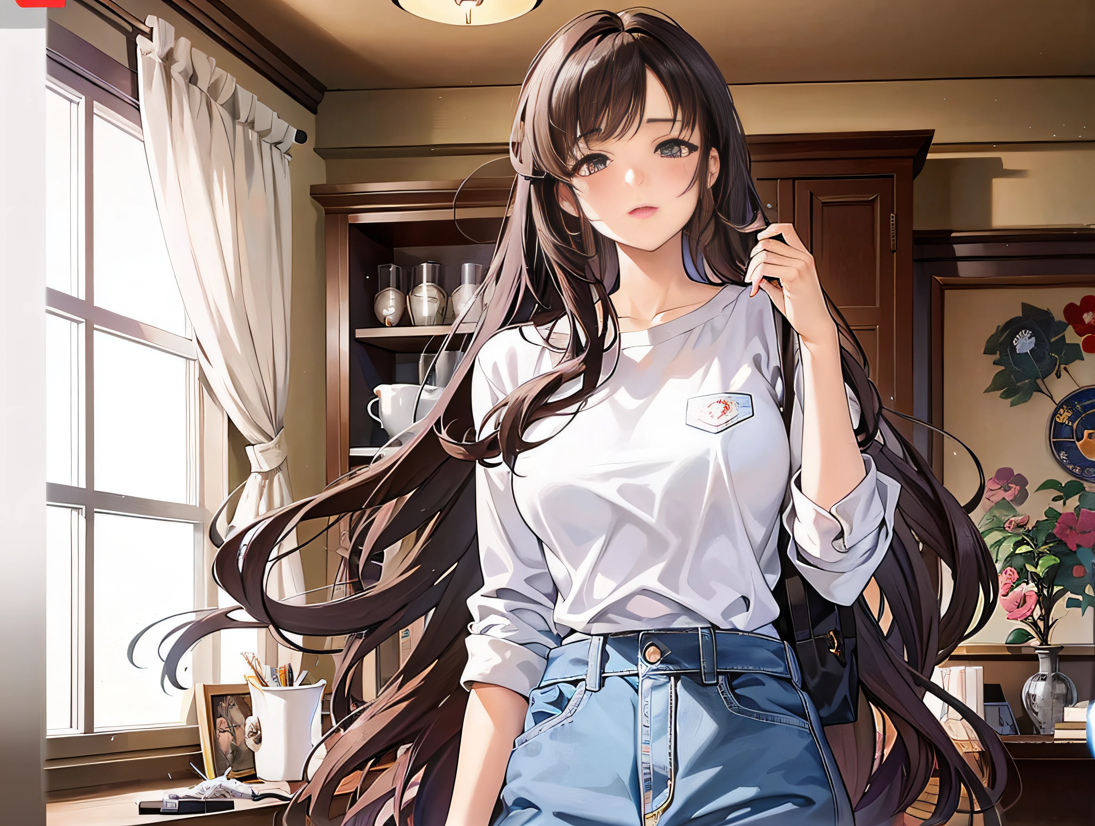 Anime girl with long brown hair standing in the room, Anime girl with long hair, attractive anime girls, anime visual of a cute girl, ilya kuvshinov with long hair, Beautiful anime girl, Beautiful anime woman, Smooth anime CG art, female anime character, beautiful alluring anime teen, beautiful and seductive anime woman, anime visual of a young woman