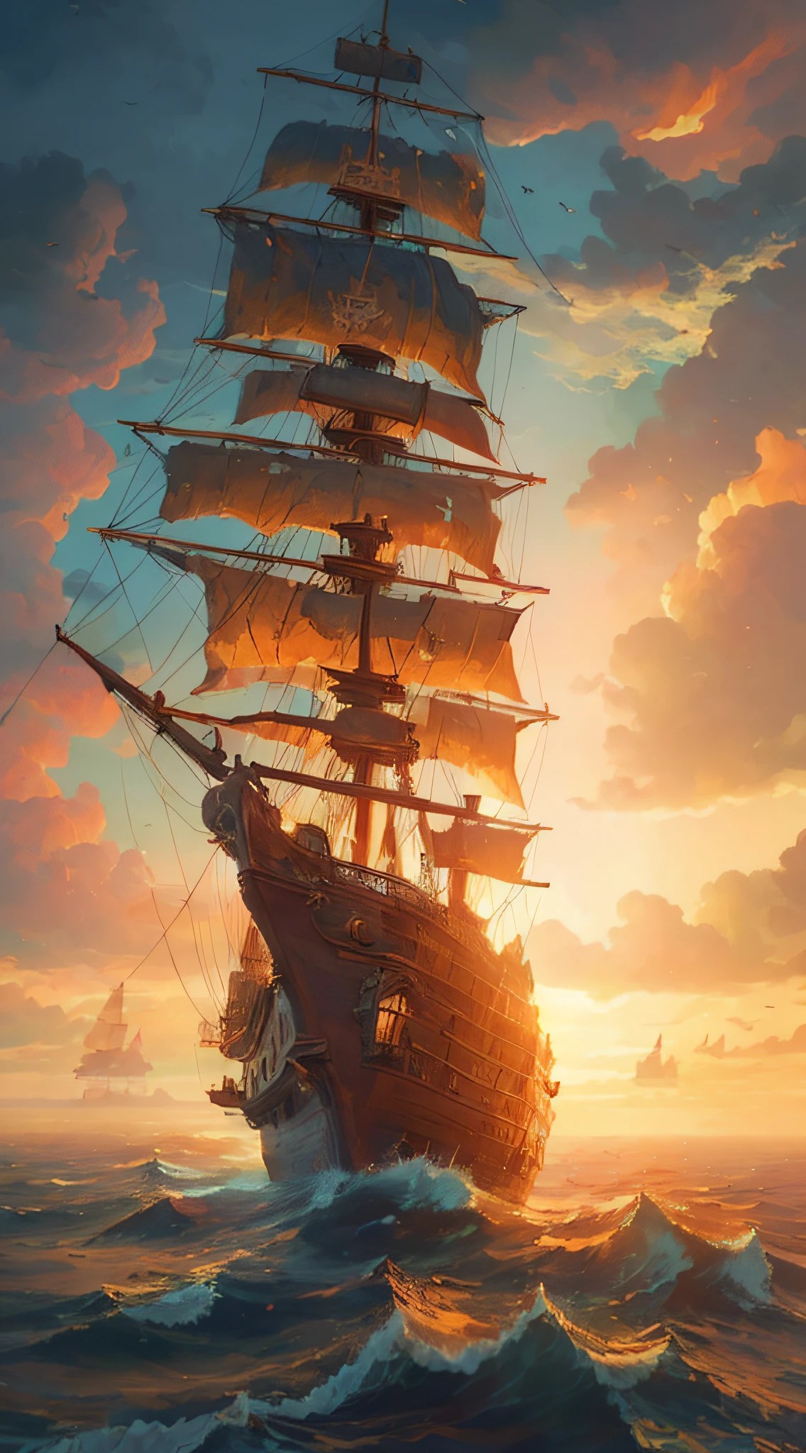 painting of a ship in the ocean with a sunset in the background, detailed cover artwork, amazing wallpaper, pirate ship, old pirate ship, gothic ship on ocean, 4k highly detailed digital art, burning ships, inspired by gaston bussiere, by Roman Bezpalkiv, detailed painting 4 k, by Arthur Pan, by Aleksander Gine