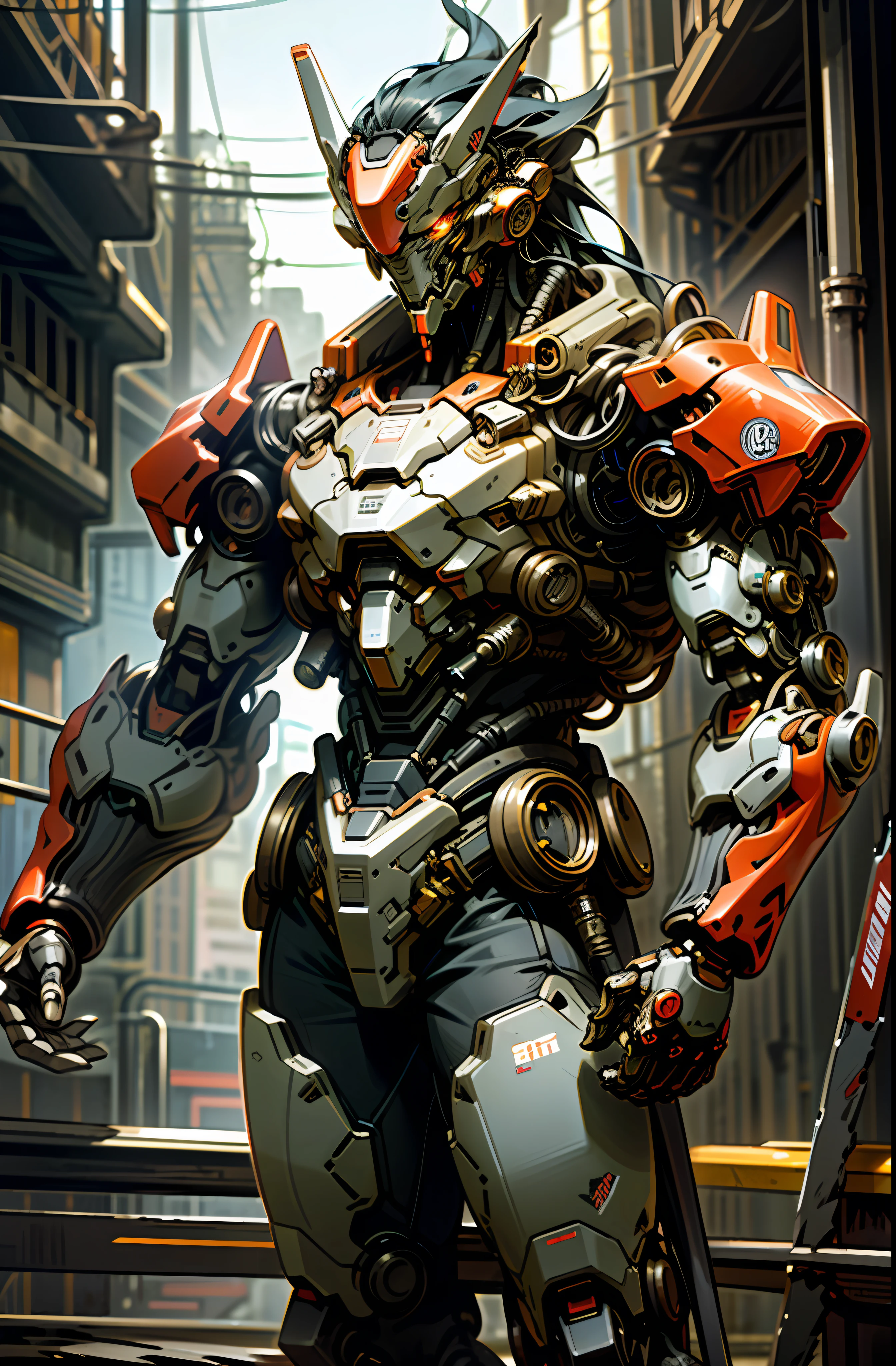 Dark_Fantasy,Cyberpunk,(chain saw,chain saw man,Red:1.1),1man,Mechanical marvel,Robotic presence,Cybernetic guardian, wearing a worn-out mech suit, intricate, (steel metal [rusty]), elegant, clear focus, shot by greg rutkowski, soft lighting, vibrant colors, masterpiece, ((street)), cowboy shot, dynamic pose,