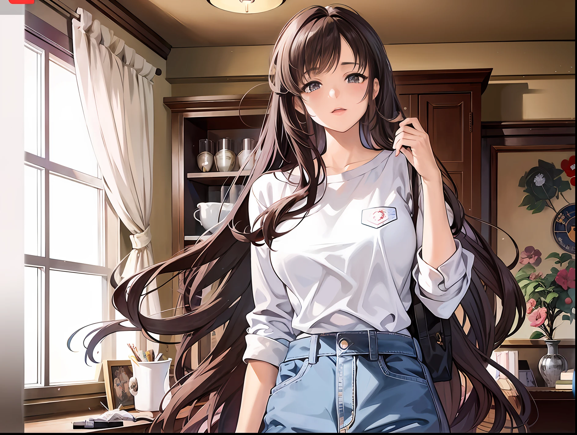 Anime girl with long brown hair standing in the room, Anime girl with long hair, attractive anime girls, anime visual of a cute girl, ilya kuvshinov with long hair, Beautiful anime girl, Beautiful anime woman, Smooth anime CG art, female anime character, beautiful alluring anime , beautiful and seductive anime woman, anime visual of a young woman