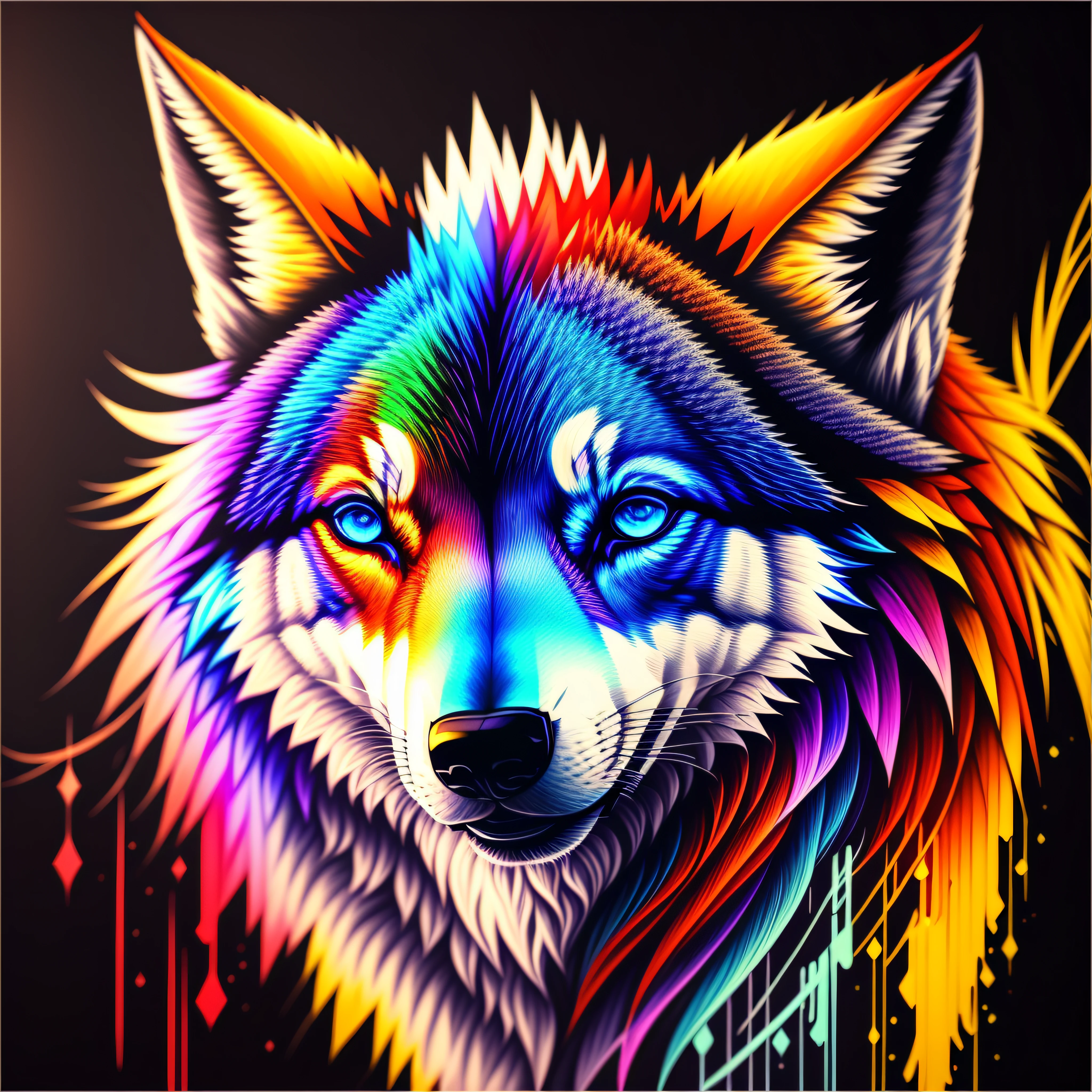 A painting of a colorful wolf on a black background,, breathtaking rendering, dans une connexion rayonnante, inspired by Kinuko Y. Craft,, Magical elements, Wolf icon, wow, est magnifique, lancer un sort multicolore, flash lumineux, flash, Canon, Fujifilm, motion lines, 8k, ccurate, best quality, award winning, high details