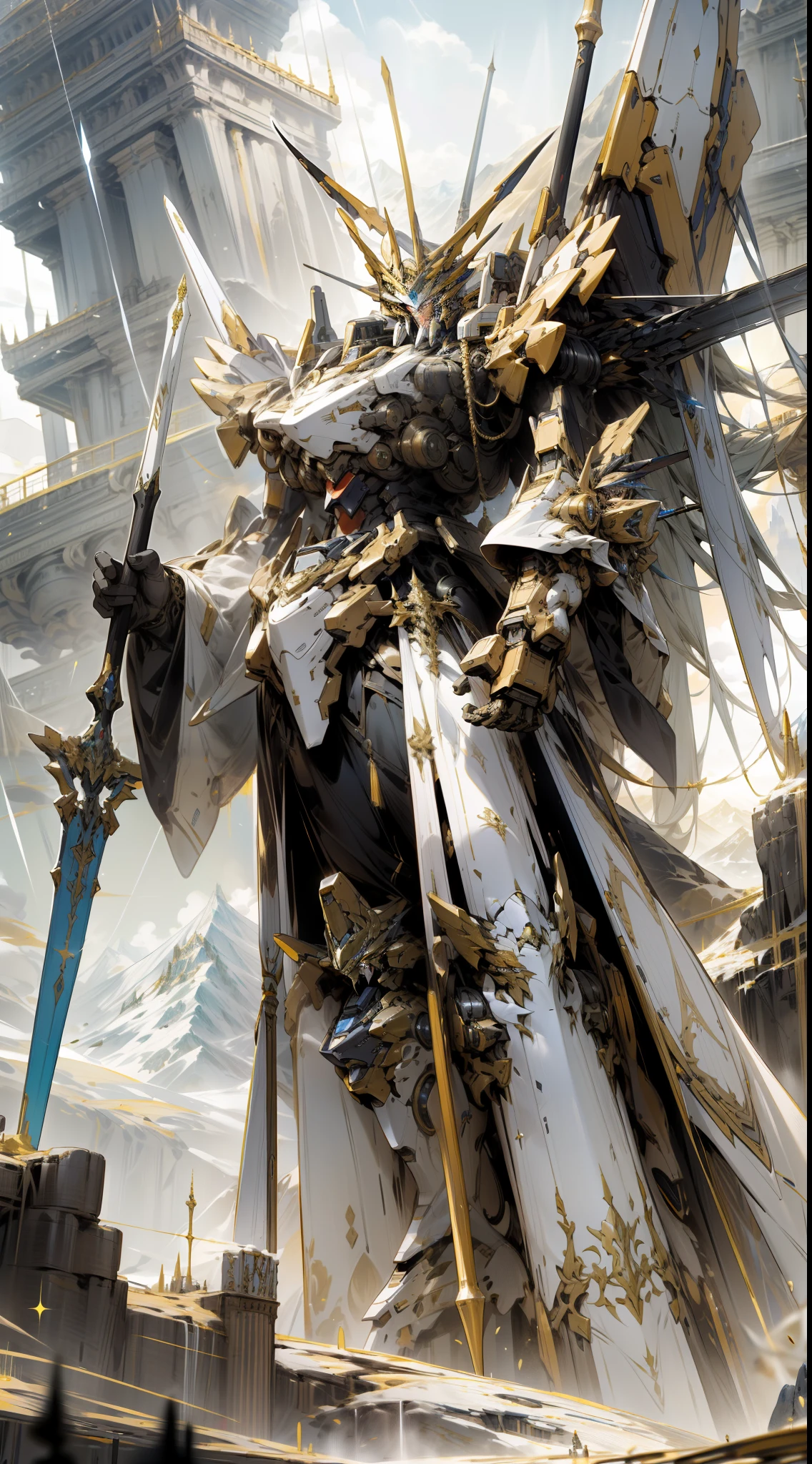Picture an impressive mecha, predominantly black accents, standing tall and holding a huge spear on the peak of a towering mountain. This mecha features a futuristic design with intricate details and a formidable expression. The golden accents on certain parts add a luxurious gleam and highlight its design lines. In the background an epic and mesmerizing atmosphere.