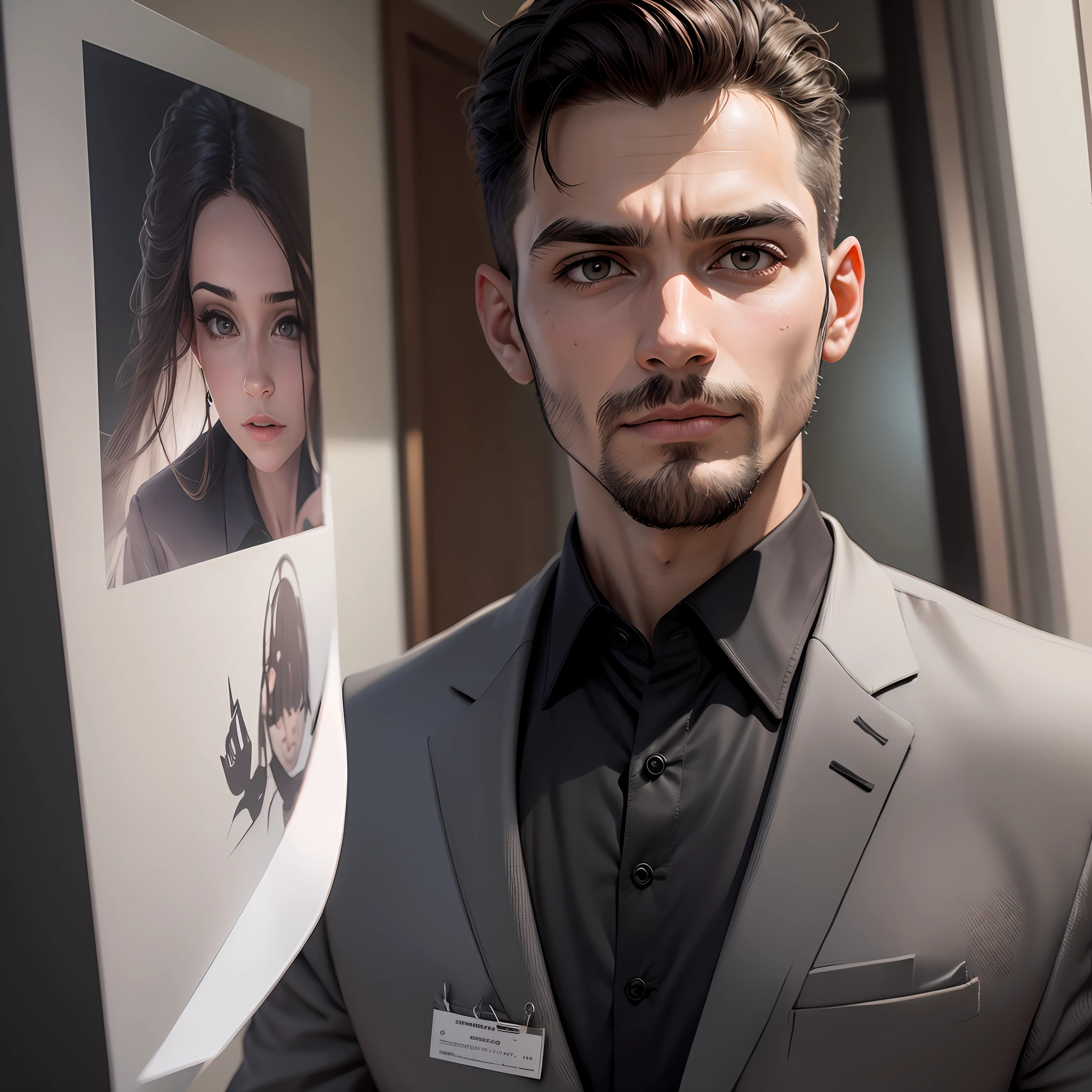 homem de terno, Wearing Black Business Suit, com barba preta , modelo bem arrumado, mostrando o rosto, foto de perfil profissional, Business Clothes, office clothes, high-res, obra-prima, melhor qualidade, detalhes intrincados, altamente detalhado, foco nítido, textura, olhos detalhados, profissional --auto