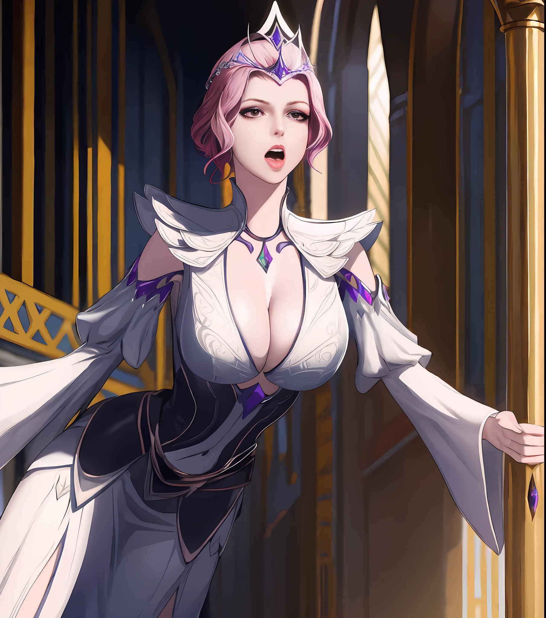 1girll, 独奏, tmasterpiece, CG, 8k, RAW photogr, pic, simple backgound, (looking at the camera in:1.2), Cowboy shooting, standing on your feet, posing on a, Hyper detailed skin, (Super detailed face:1.2), (Pink iris:1.3), eyeslashes, black eyeliner, black eyeshadows, tiara crown, braidedhair, Tattoo on the forehead, short detailed hair, Pink hair, pony tails, beaturiful body, detailed outfits, long skirt, High slit, Separate the sleeves,big cleavage breasts, white stockings, kneeboots,tmasterpiece, High- sharpness, high high quality, Detailed face, detailed body render, exhibitionism,No bras, breasts out,, standing on your feet, Be red in the face, (In the bedroom),Full body photo,Orgasmic face,Eyes rolled up,Mouth open,The tongue is pulled out