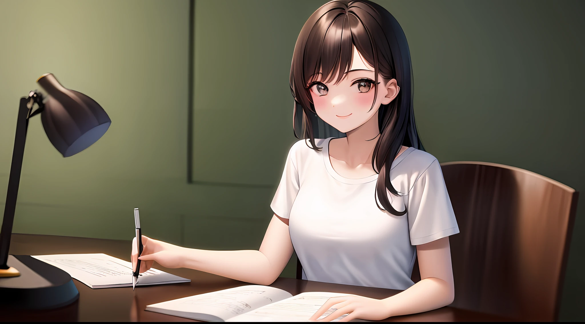 ​masterpiece, top-quality, hight resolution, a 1 girl, Loose white t-shirt、 Girl sitting on chair studying drafting at desk,、Beautie、Appeal、A smile